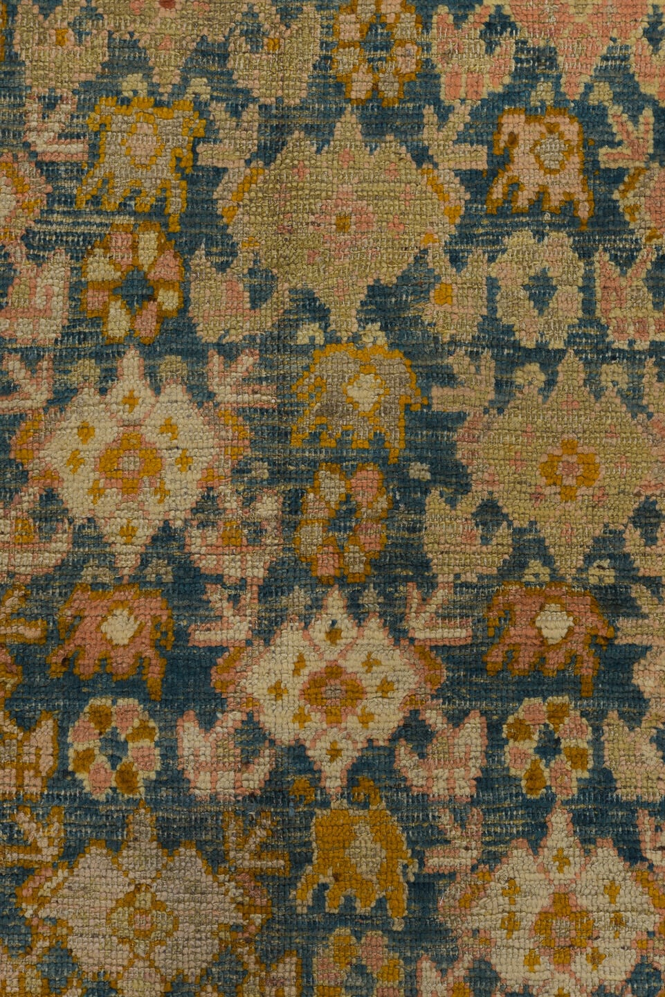 4' x 6' one-of-a-kind handmade vintage Anr rug. Color palette: blue, peach, ivory, gold, taupe, charcoal, camel, terracotta