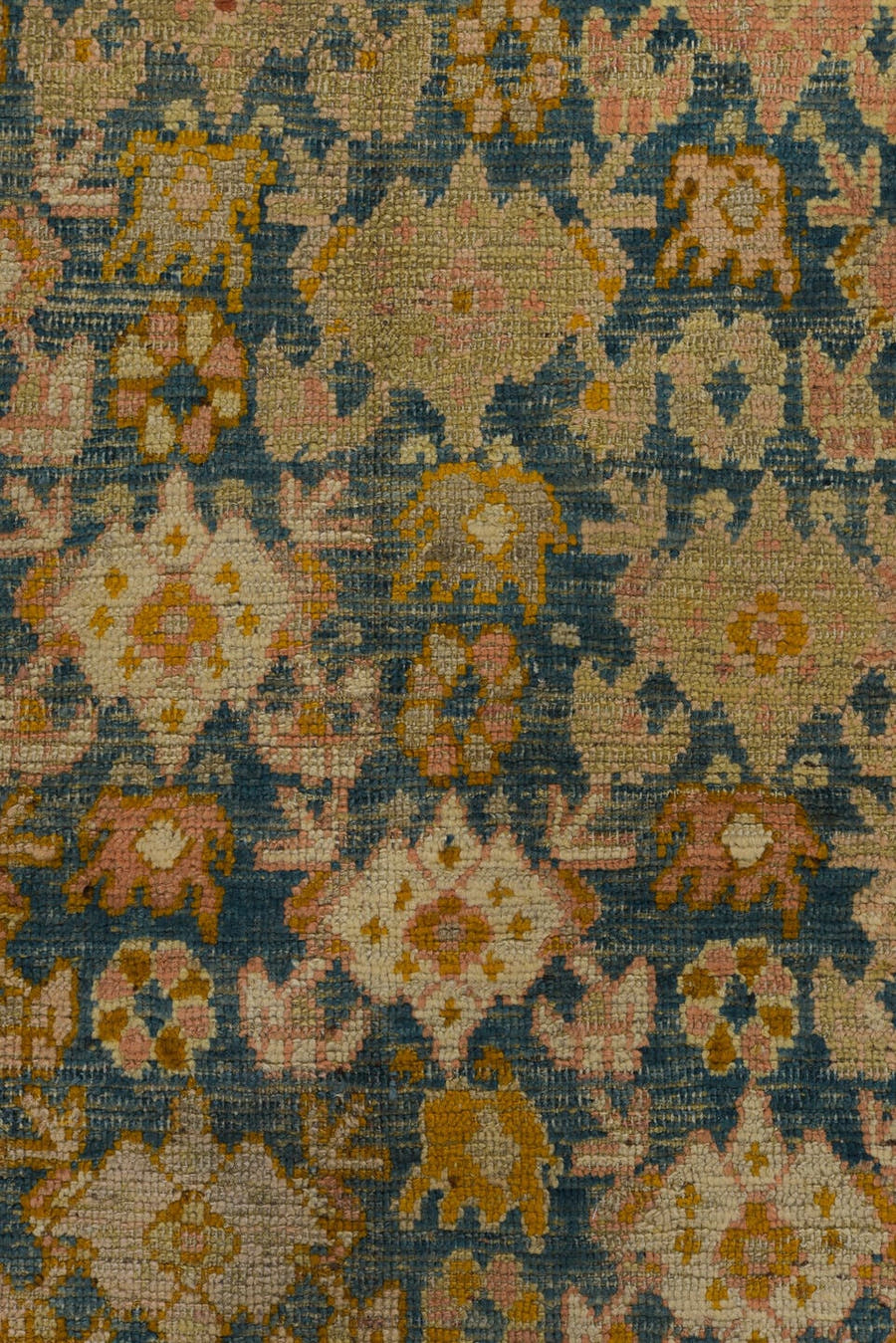 4' x 6' one-of-a-kind handmade vintage Anr rug. Color palette: blue, peach, ivory, gold, taupe, charcoal, camel, terracotta