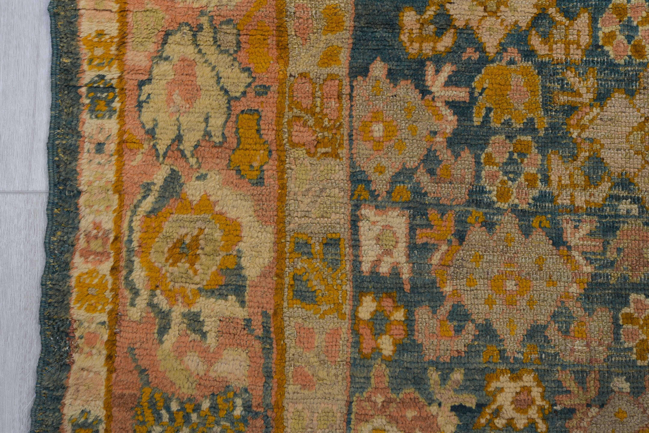 4' x 6' one-of-a-kind handmade vintage Anr rug. Color palette: blue, peach, ivory, gold, taupe, charcoal, camel, terracotta