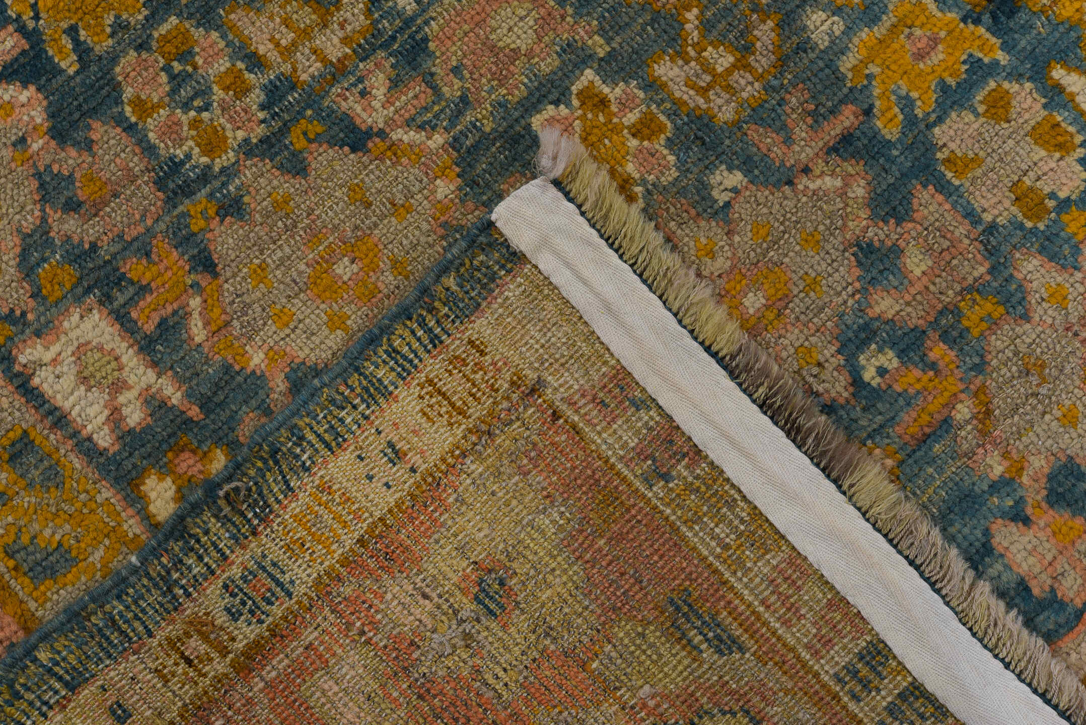4' x 6' one-of-a-kind handmade vintage Anr rug. Color palette: blue, peach, ivory, gold, taupe, charcoal, camel, terracotta