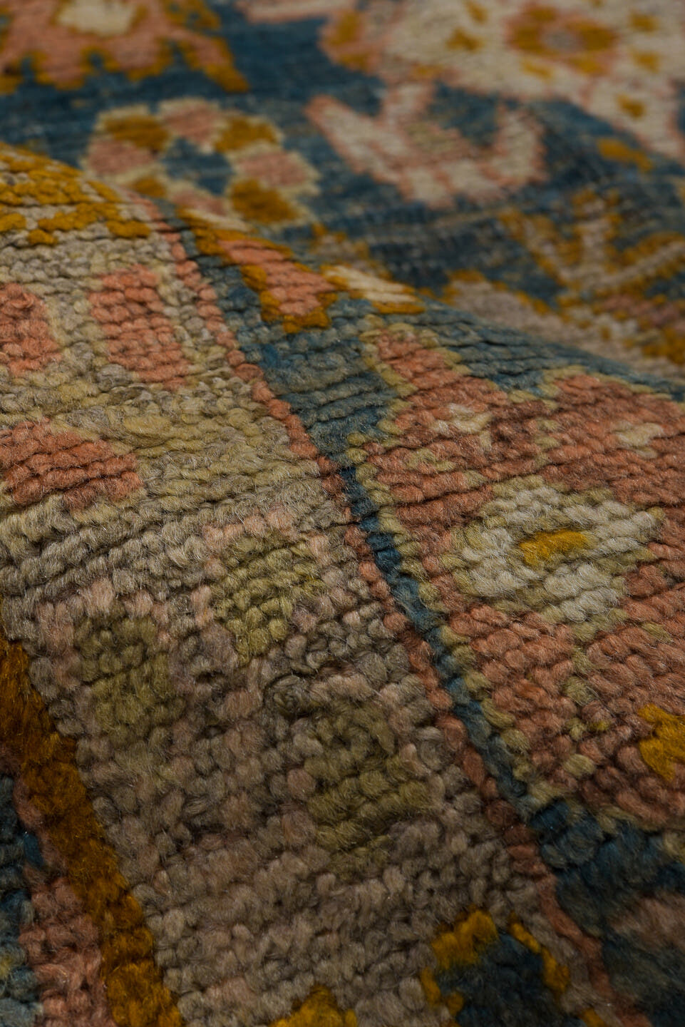 4' x 6' one-of-a-kind handmade vintage Anr rug. Color palette: blue, peach, ivory, gold, taupe, charcoal, camel, terracotta