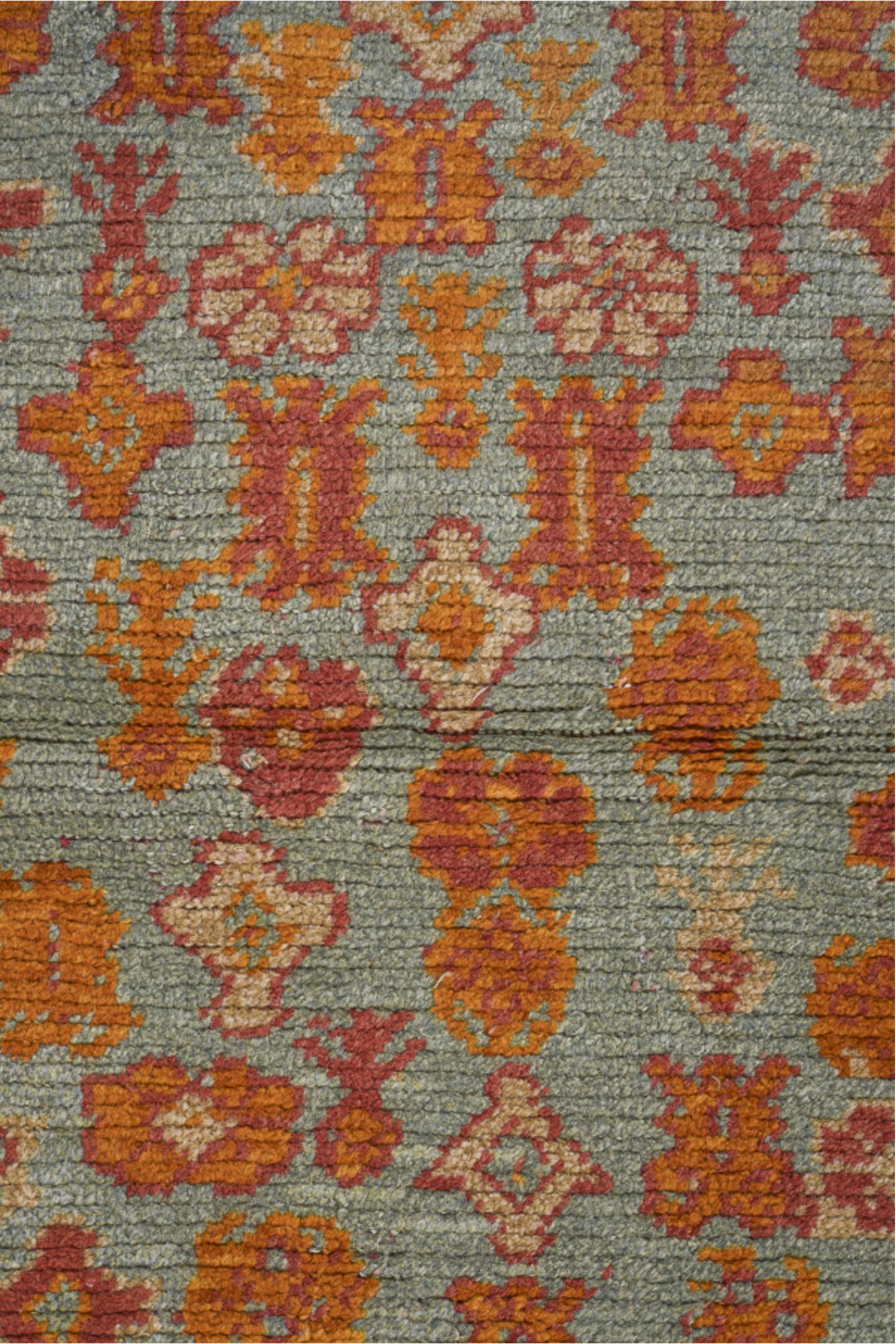 3' x 5' one-of-a-kind handmade antique Oushak small size rug. Color palette: rust, pale blue, gold, terra cotta, ivory