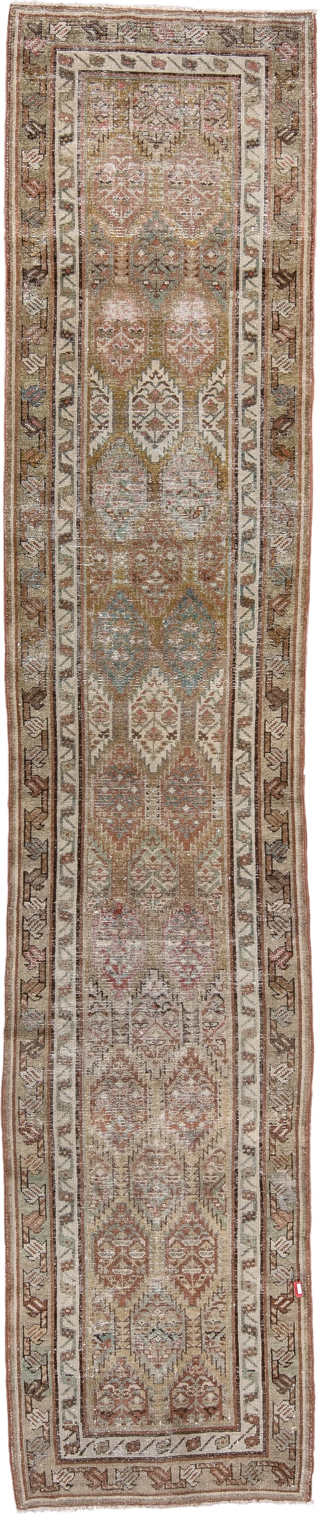 2' x 12' one-of-a-kind handmade antique NW Persian runner rug. Color palette: camel, ivory, taupe, rust, pale_blue, brown