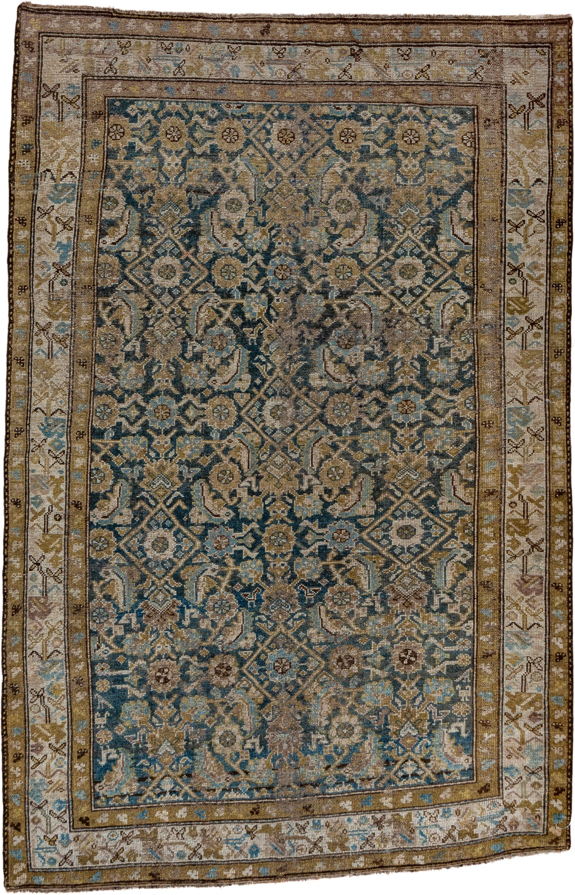 4' x 6' one-of-a-kind handmade antique Cam Hamadan small size rug. Color palette: blue, taupe, ivory, brown, beige, camel