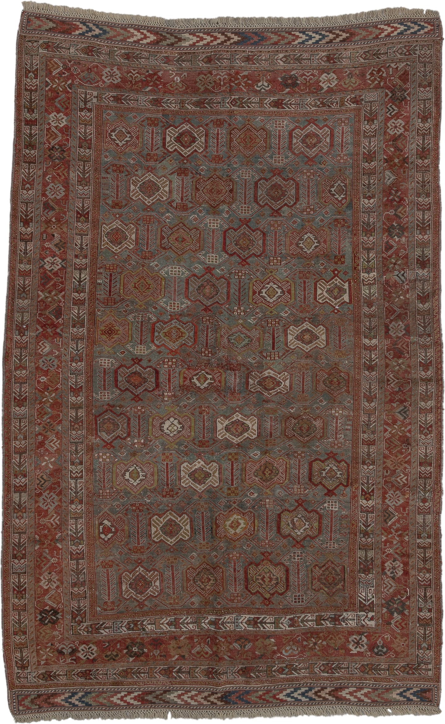 4' x 7' one-of-a-kind handmade vintage Afshar rug. Color palette: rust, slate, ivory, camel, burgundy, navy, taupe