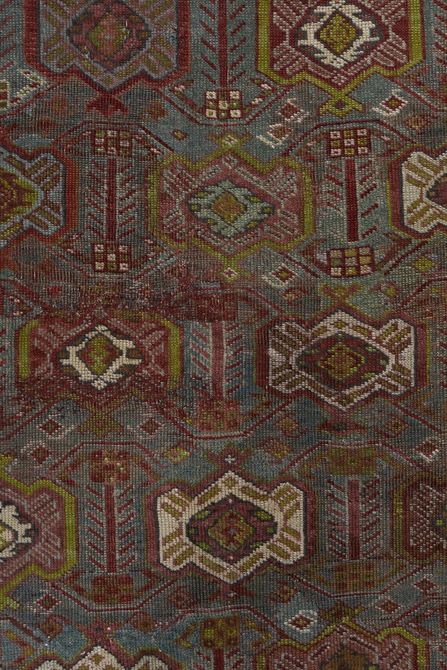 4' x 7' one-of-a-kind handmade vintage Afshar rug. Color palette: rust, slate, ivory, camel, burgundy, navy, taupe