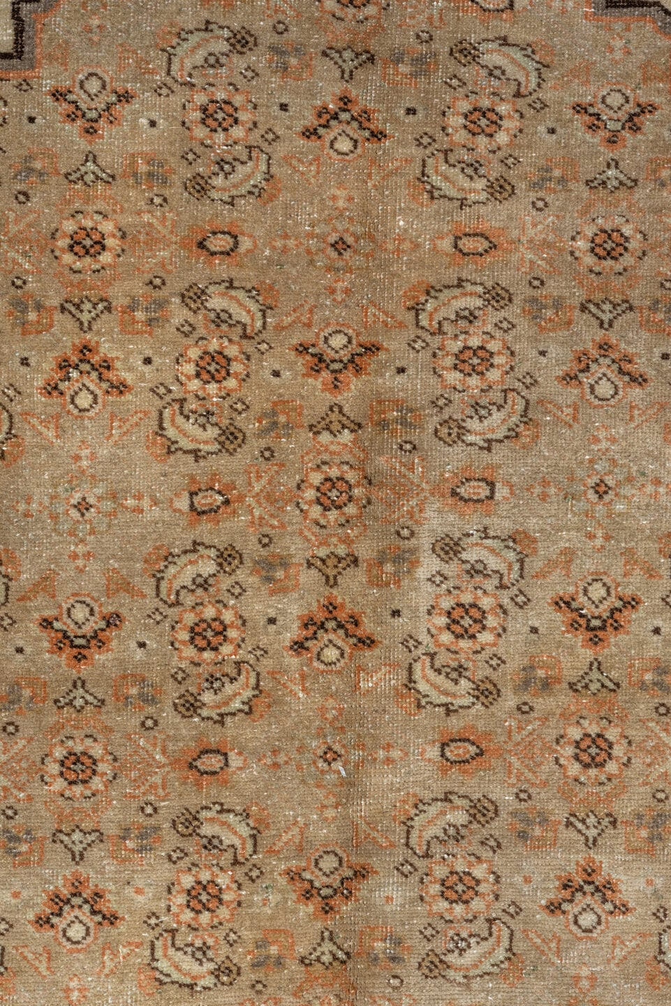 9' x 11' one-of-a-kind handmade antique Tabriz large size rug. Color palette: ivory, blush, taupe, sage, camel, brown, peach