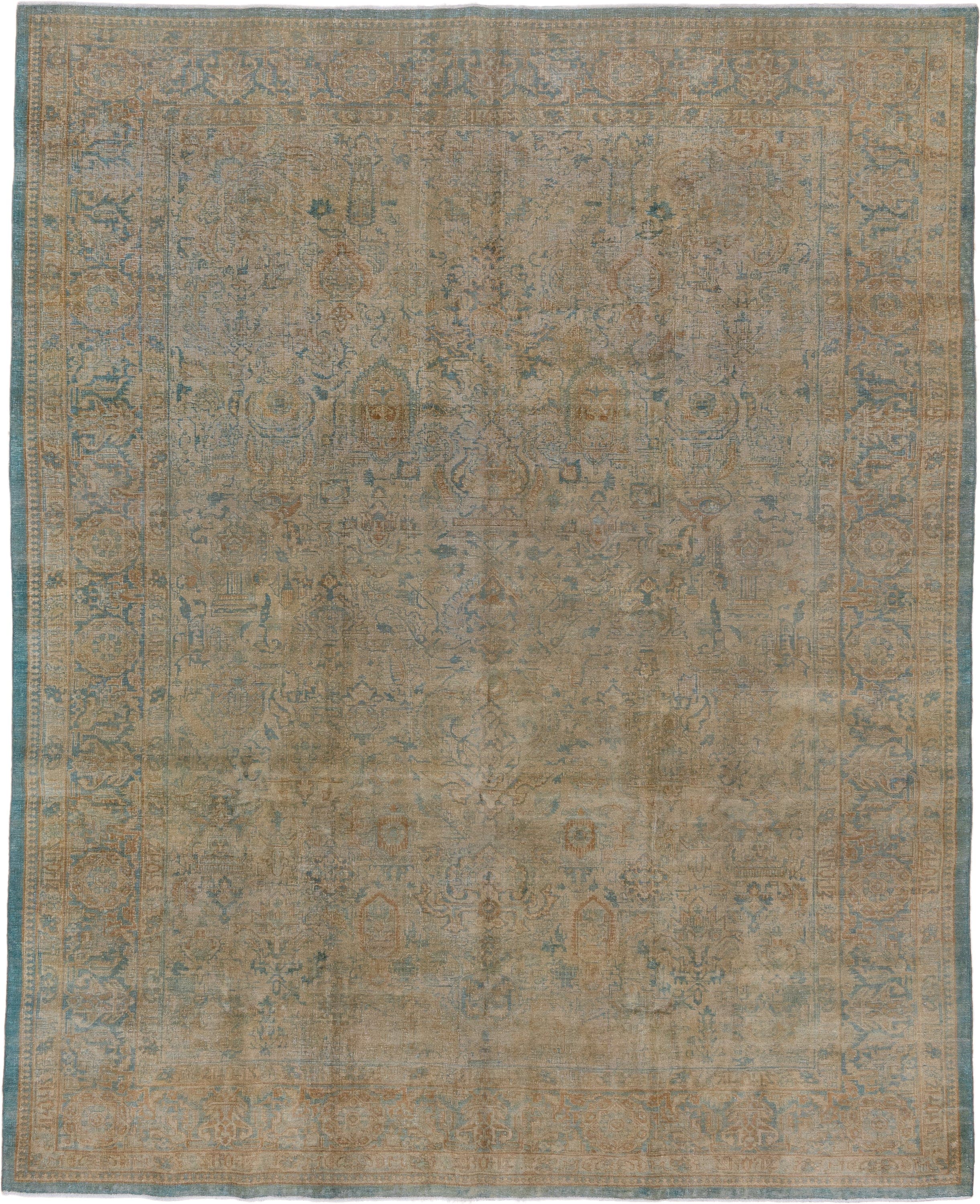 8' x 10' one-of-a-kind handmade antique Tabriz large size rug. Color palette: beige, ivory, sky blue, taupe, camel, sage