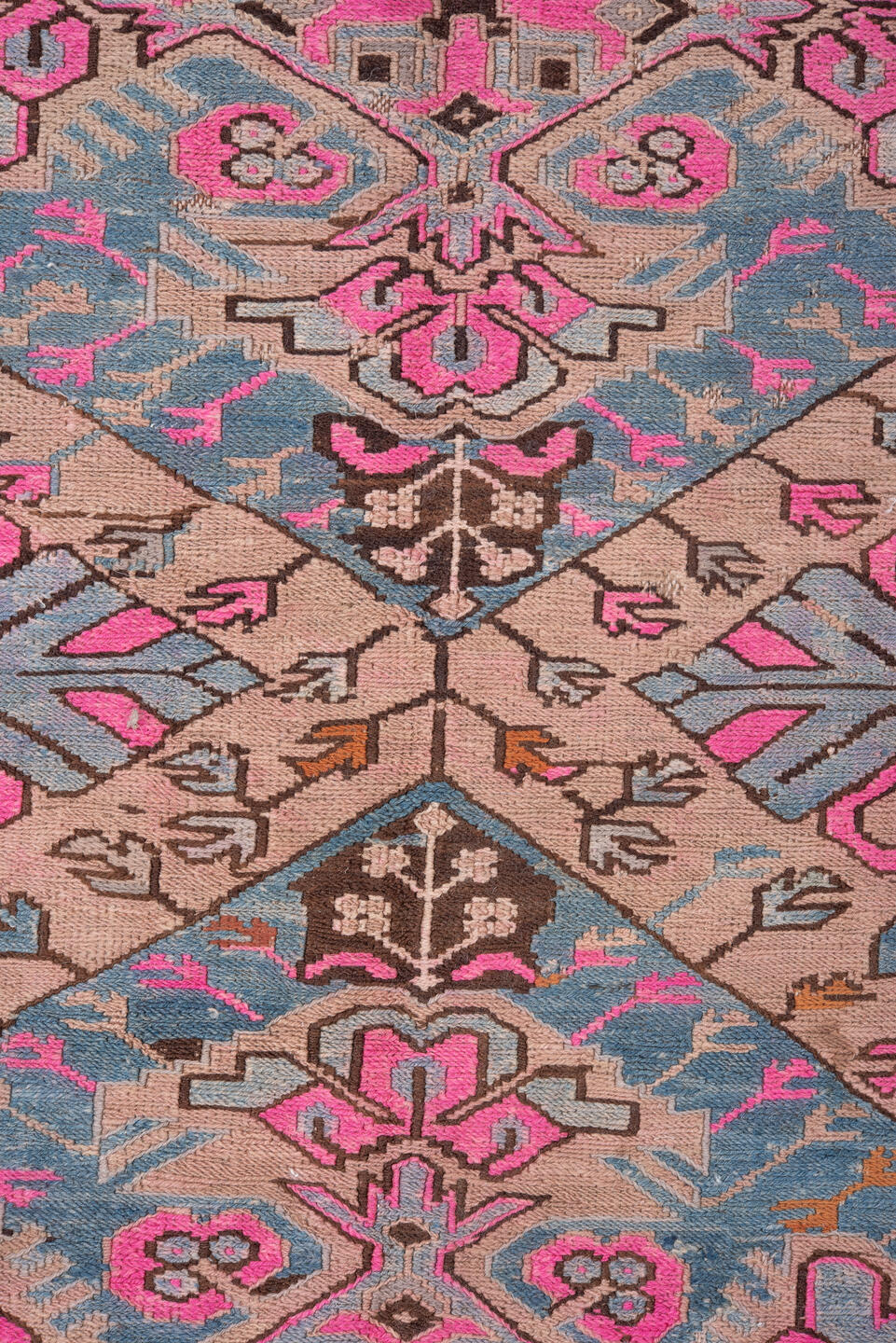 4' x 10' one-of-a-kind handmade antique Sumak runner rug. Color palette: blue, ivory, pink, taupe, charcoal, brown, beige