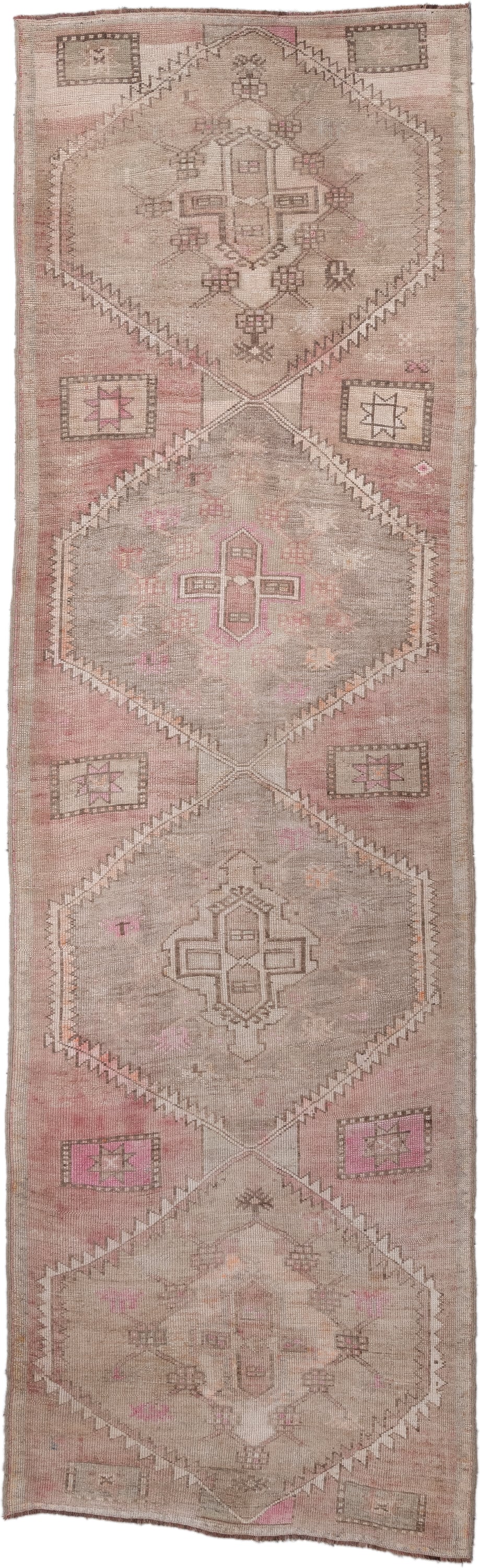 3' x 10' one-of-a-kind handmade antique Oushak runner rug. Color palette: taupe, blush, dusty_rose, ivory, beige, soft_pink