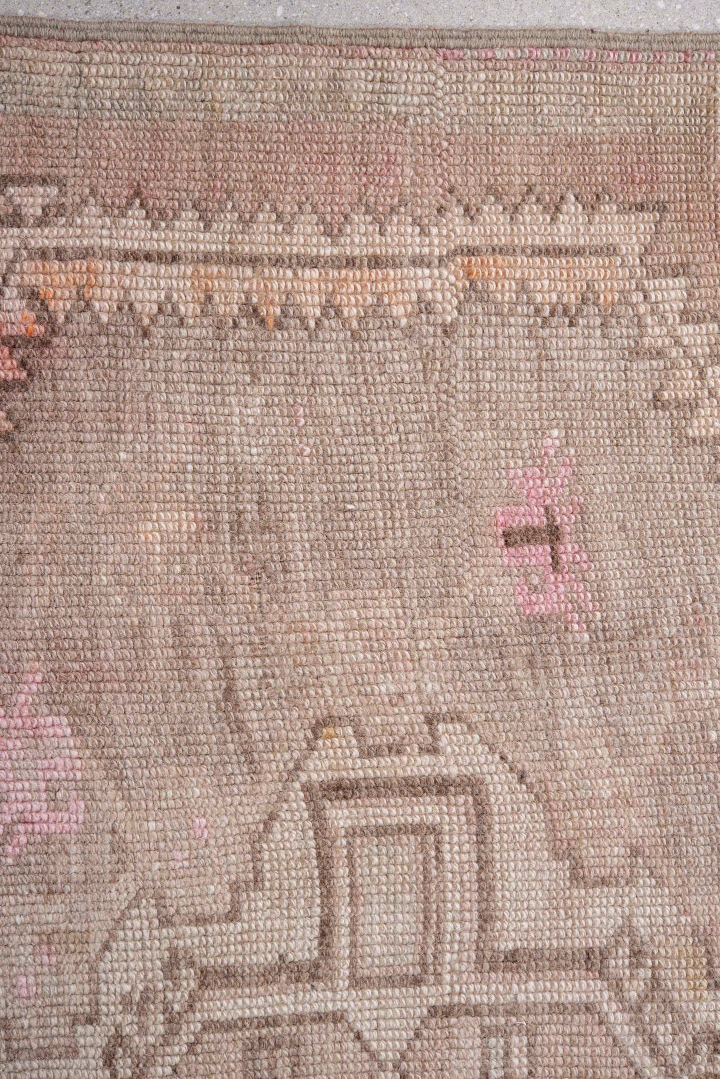 3' x 10' one-of-a-kind handmade antique Oushak runner rug. Color palette: taupe, blush, dusty_rose, ivory, beige, soft_pink