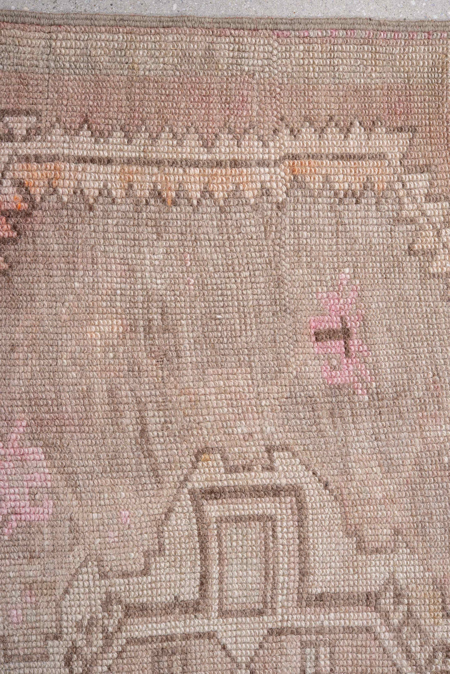 3' x 10' one-of-a-kind handmade antique Oushak runner rug. Color palette: taupe, blush, dusty_rose, ivory, beige, soft_pink