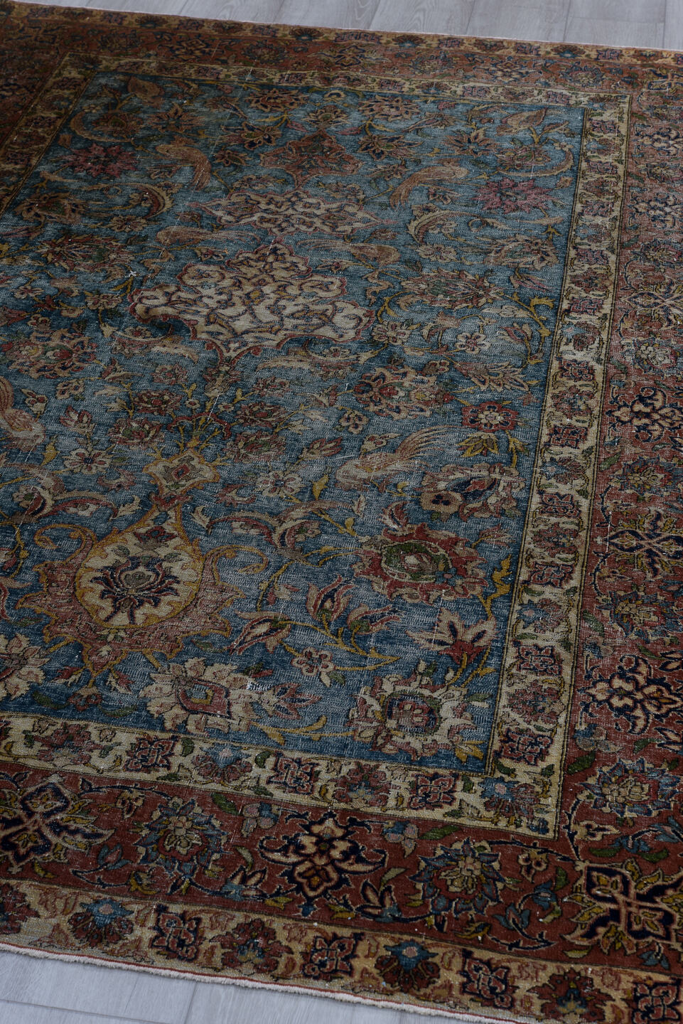 4' x 7' one-of-a-kind handmade vintage Anatolian rug. Color palette: blue, rust, ivory, rose, navy, sage, taupe, burgundy