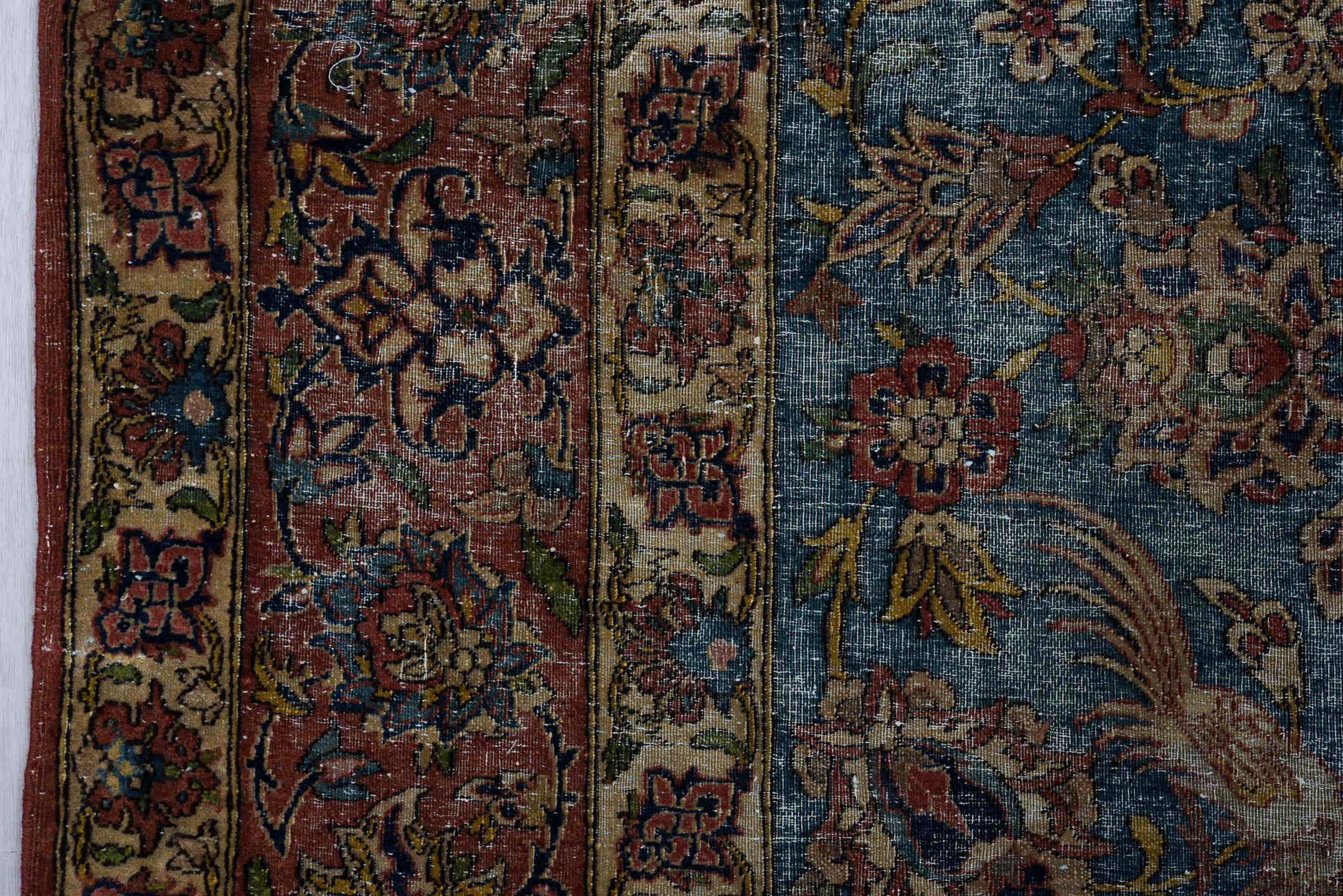 4' x 7' one-of-a-kind handmade vintage Anatolian rug. Color palette: blue, rust, ivory, rose, navy, sage, taupe, burgundy