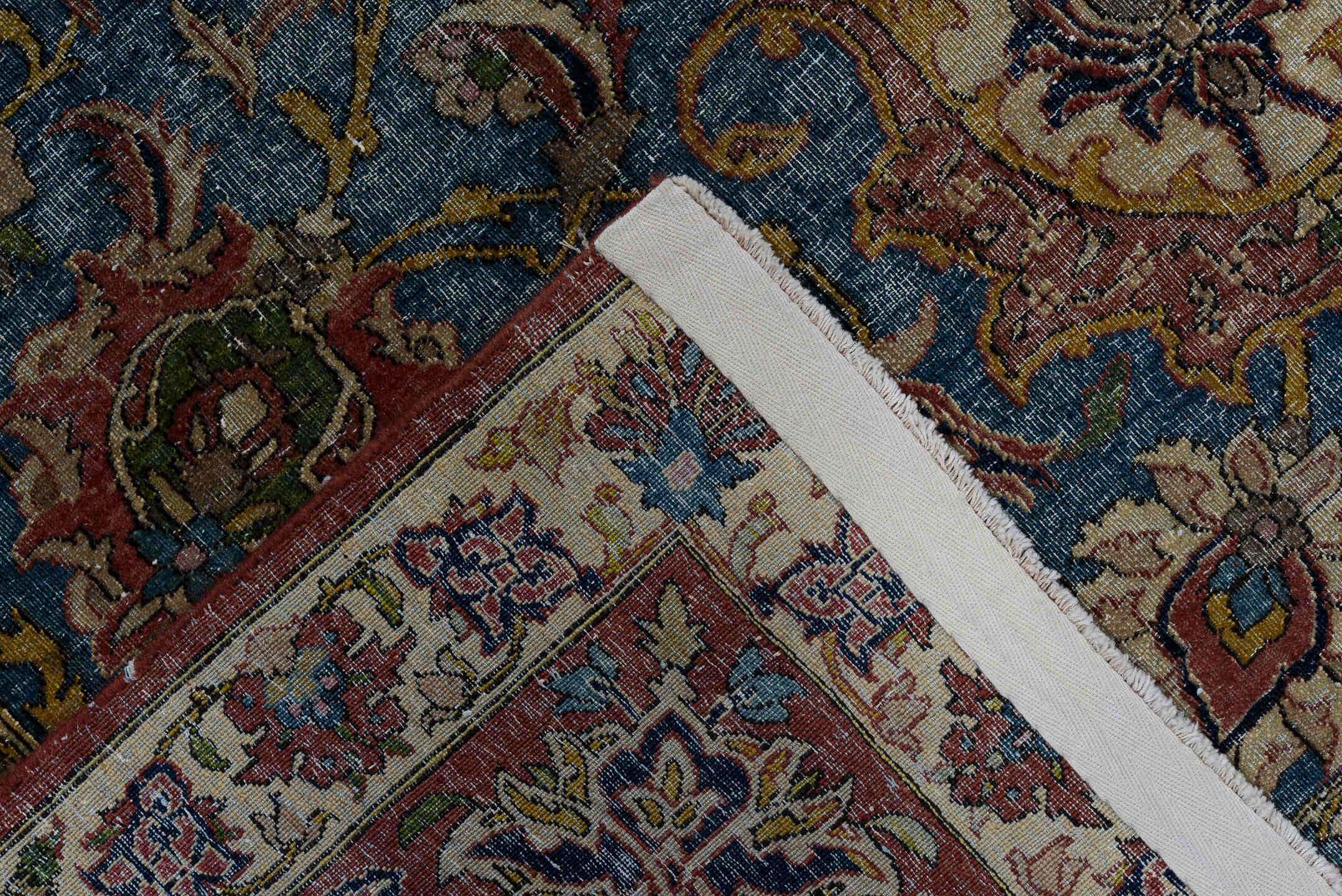 4' x 7' one-of-a-kind handmade vintage Anatolian rug. Color palette: blue, rust, ivory, rose, navy, sage, taupe, burgundy