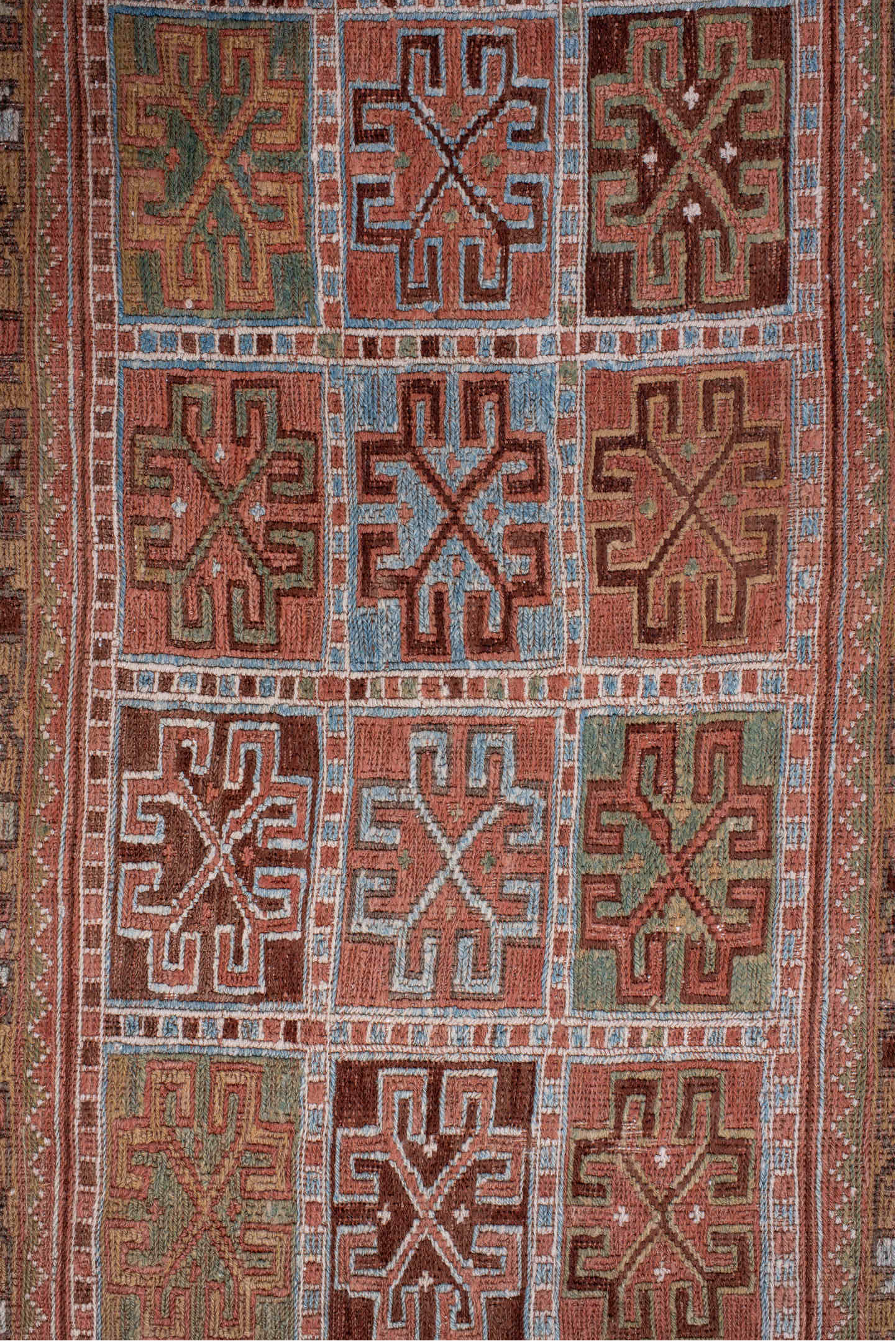2' x 4' one-of-a-kind handmade antique Sumak small size rug. Color palette: rust, camel, sky blue, ivory, olive, brown