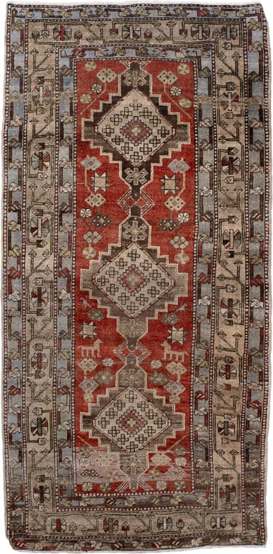 3' x 7' one-of-a-kind handmade antique Heriz rug. Color palette: rust, ivory, taupe, slate, charcoal, camel, crimson
