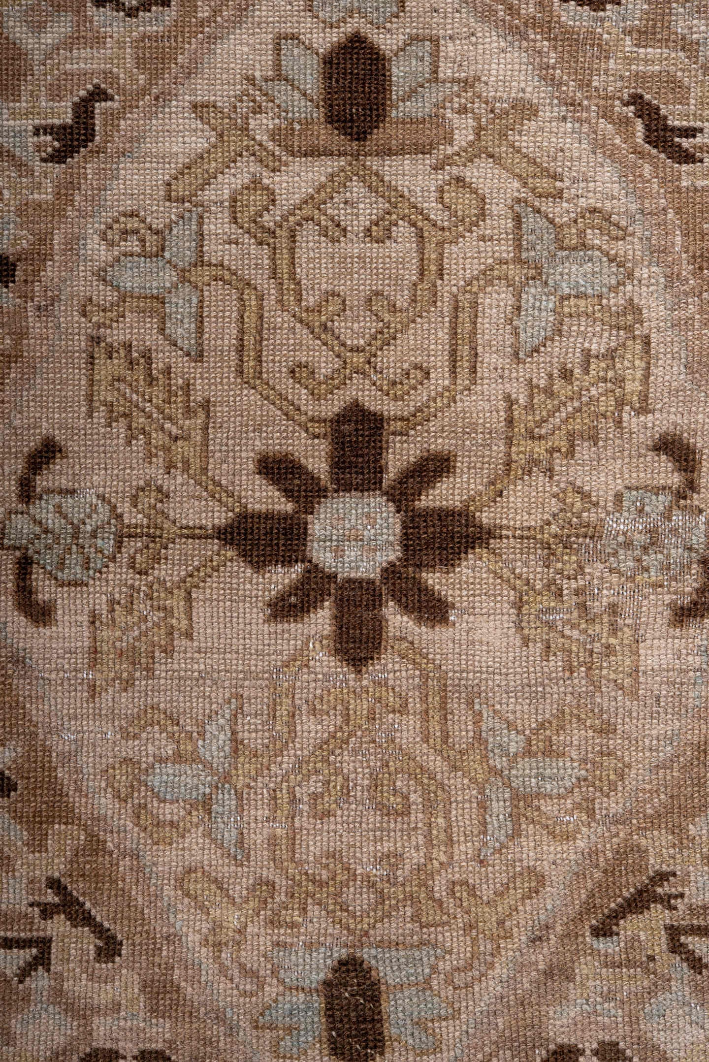 3' x 7' one-of-a-kind handmade antique Oushak rug. Color palette: taupe, camel, ivory, beige, brown, charcoal, pale blue