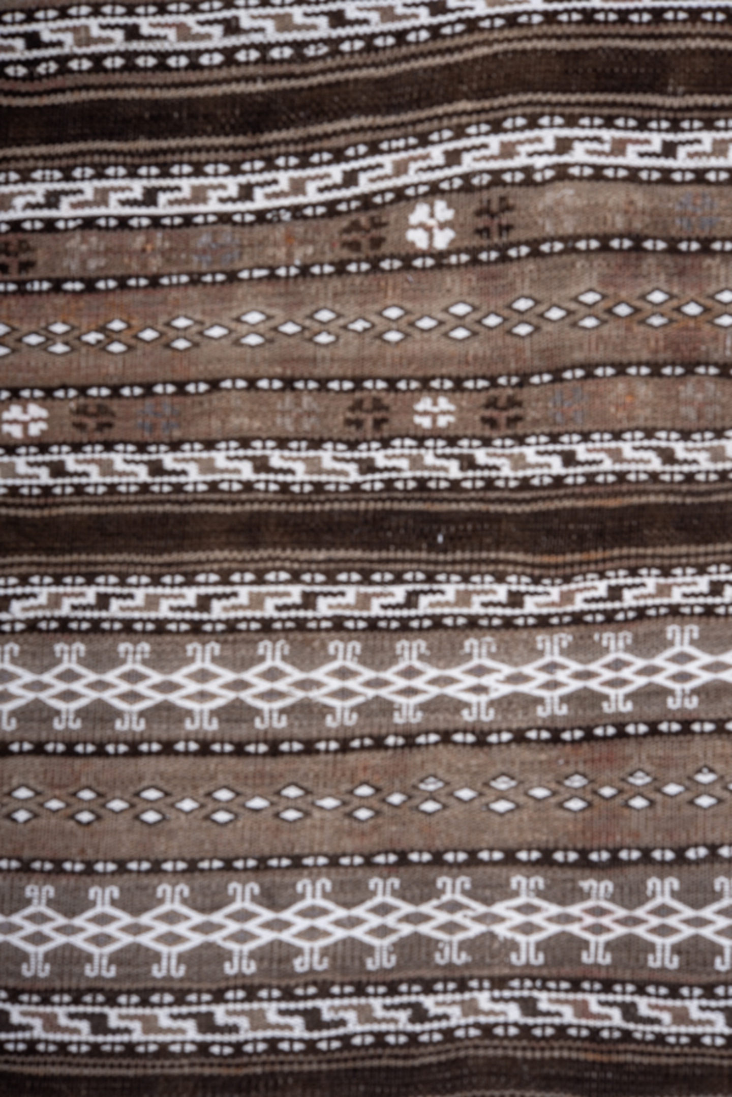 4' x 9' one-of-a-kind handmade vintage Kilim runner rug. Color palette: taupe, ivory, dark_brown, brown, beige, gray