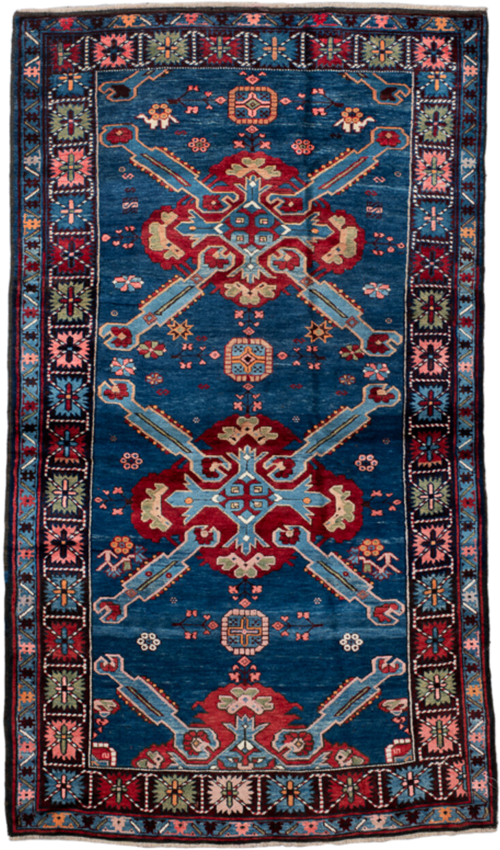 3' x 6' one-of-a-kind handmade antique Kuba small size rug. Color palette: blue, crimson, ivory, sky blue, pink, navy, sage