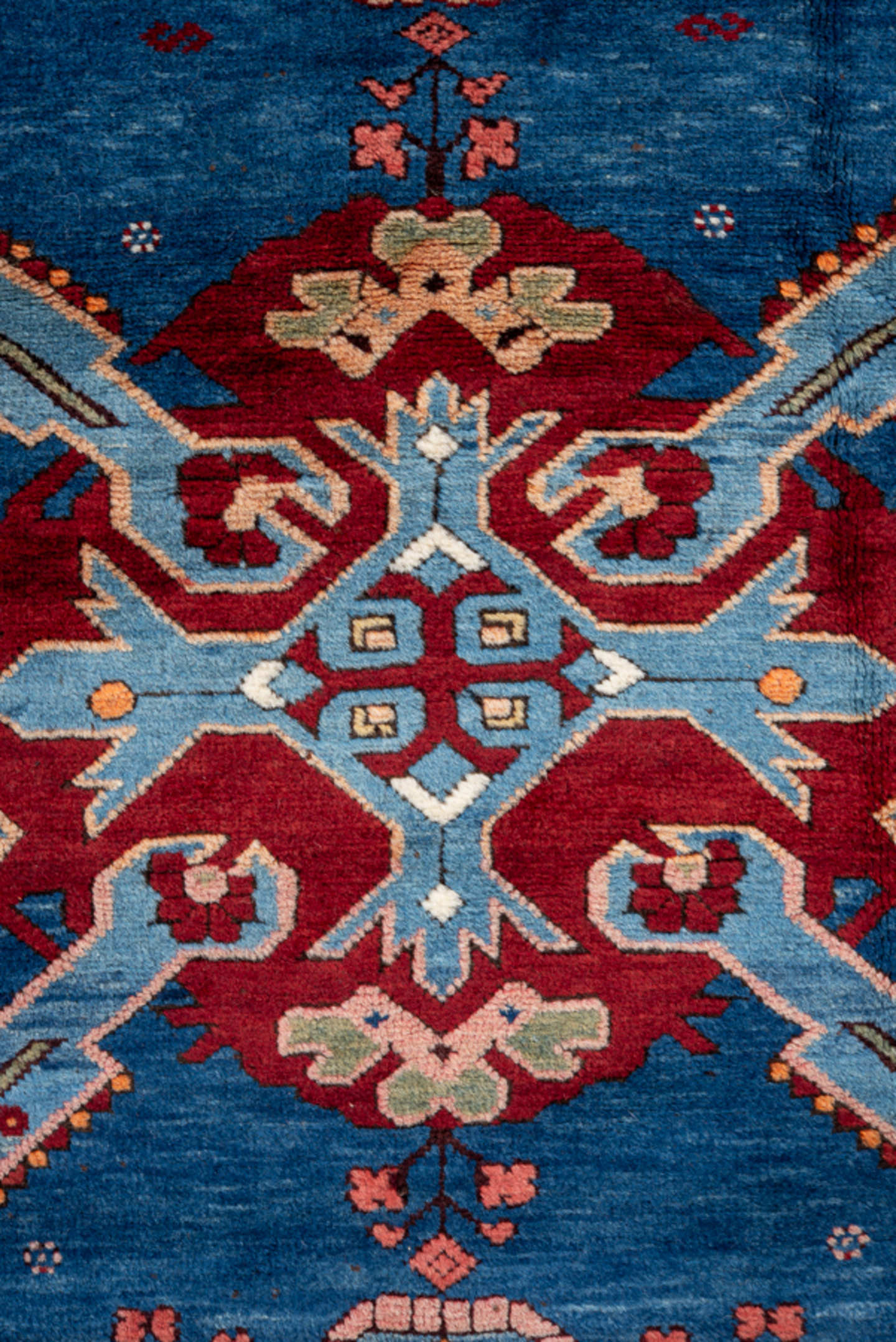 3' x 6' one-of-a-kind handmade antique Kuba small size rug. Color palette: blue, crimson, ivory, sky blue, pink, navy, sage