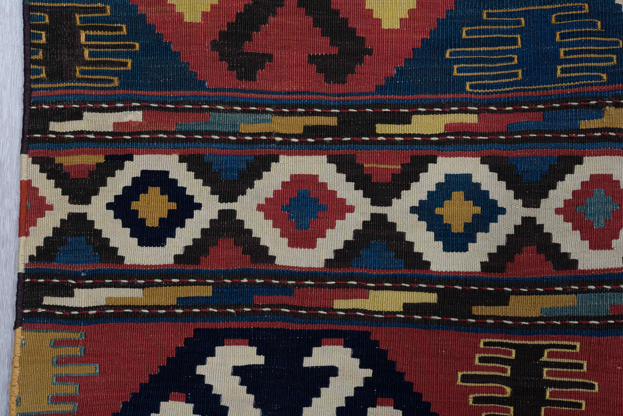 6' x 10' one-of-a-kind handmade vintage Kilim large size rug. Color palette: rose, navy, ivory, teal, crimson, camel