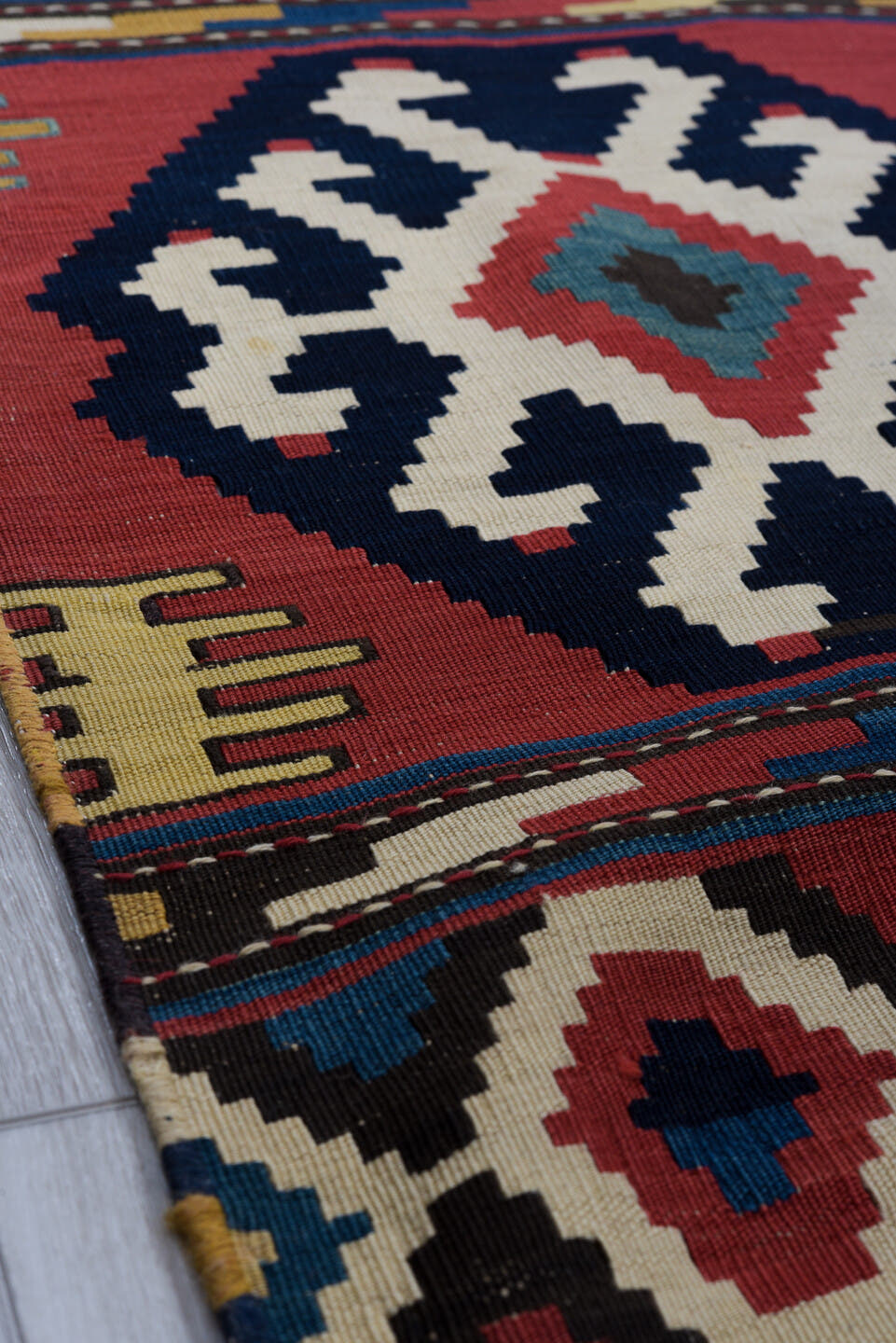 6' x 10' one-of-a-kind handmade vintage Kilim large size rug. Color palette: rose, navy, ivory, teal, crimson, camel