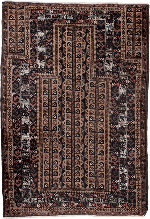 3' x 4' one-of-a-kind handmade antique Belouch small size rug. Color palette: brown, camel, rust, ivory, charcoal, rose