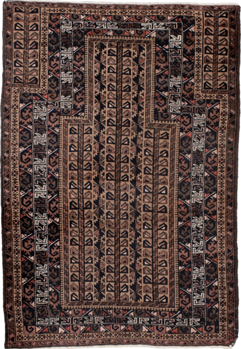 3' x 4' one-of-a-kind handmade vintage Belouch small size rug. Color palette: black, blue, brown, dark gray, gray
