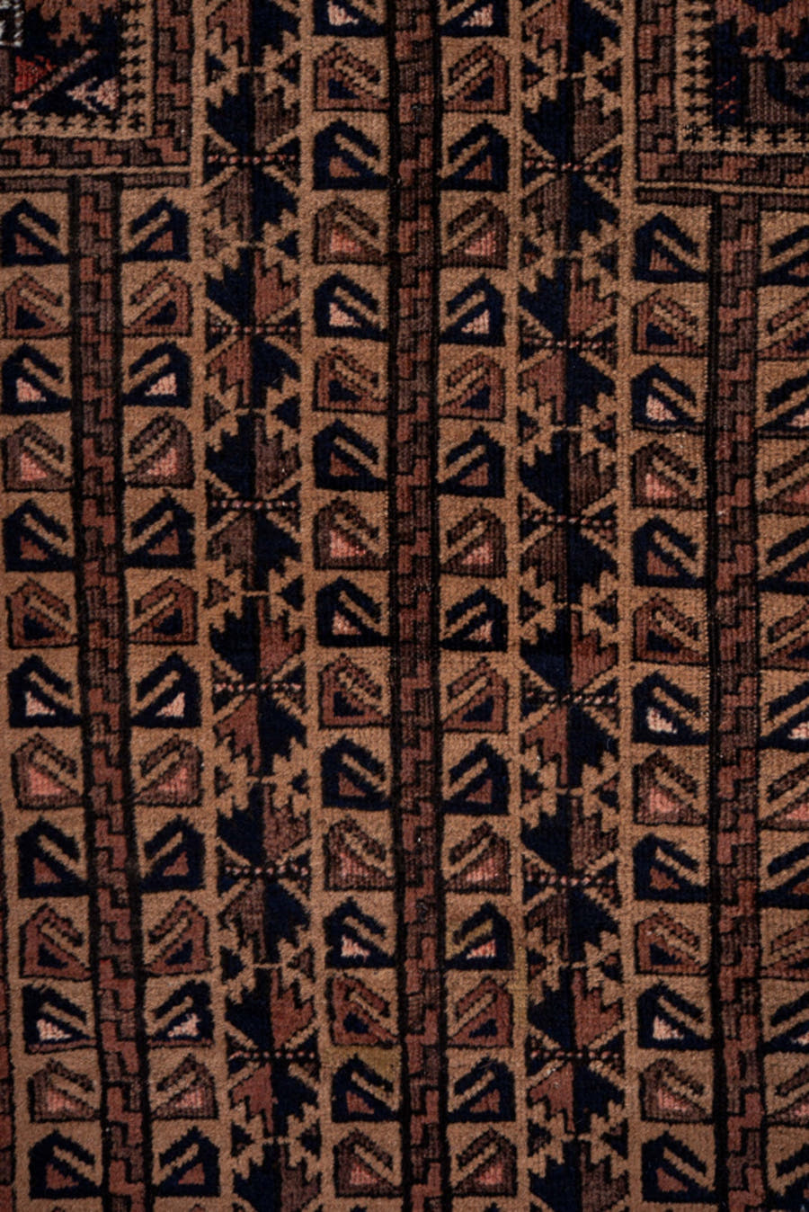 3' x 4' one-of-a-kind handmade antique Belouch small size rug. Color palette: brown, camel, rust, ivory, charcoal, rose