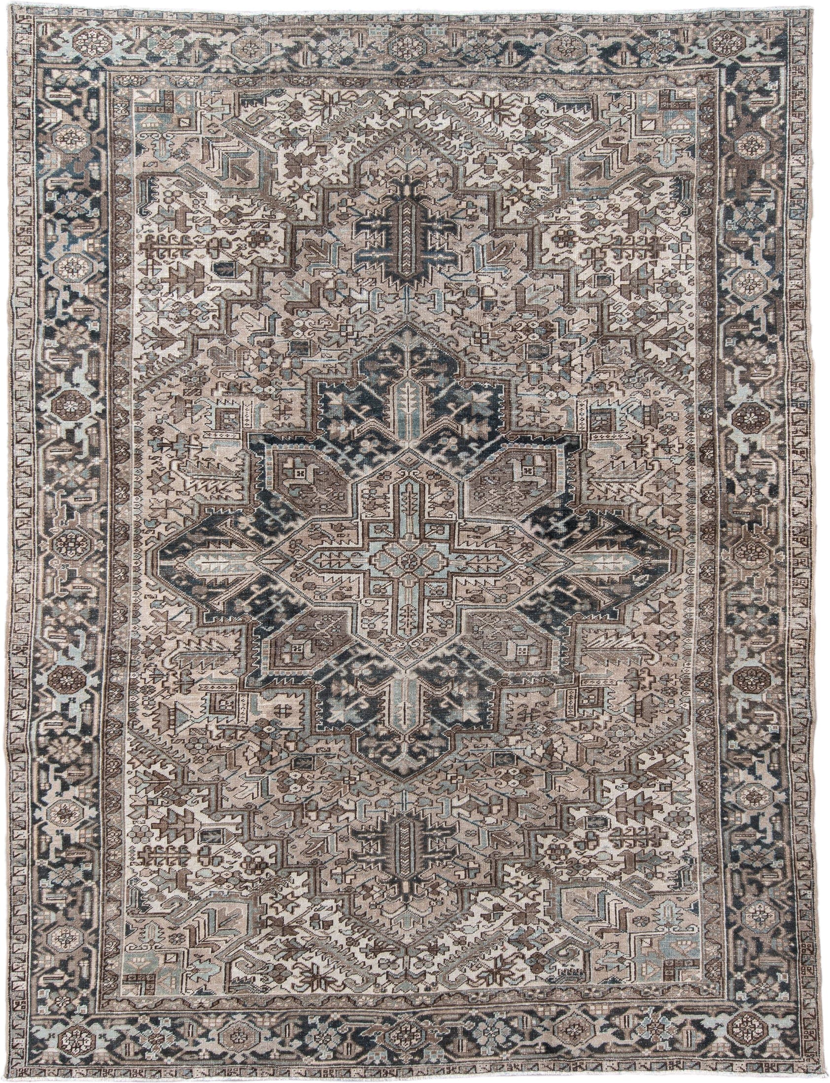 8' x 11' one-of-a-kind handmade vintage Heriz large size rug. Color palette: ivory, taupe, charcoal, pale_blue, brown, slate