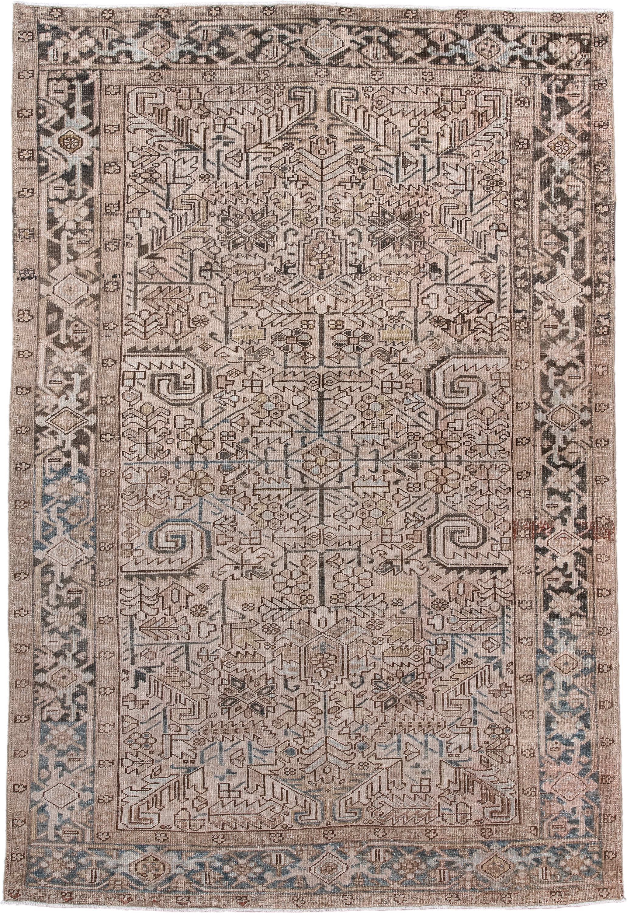 6' x 9' one-of-a-kind handmade antique Heriz medium size rug. Color palette: ivory, taupe, slate, charcoal, camel