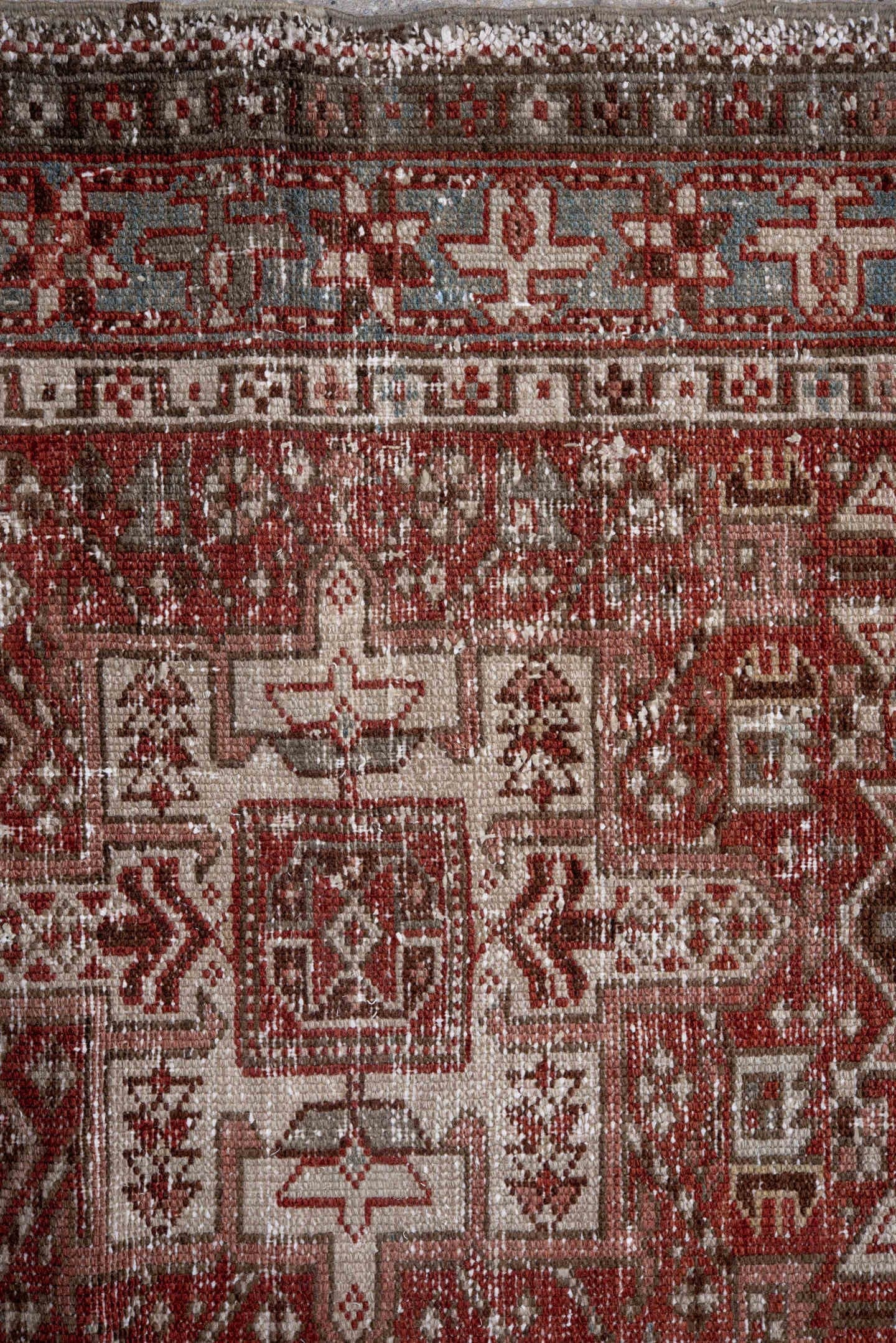 2' x 11' one-of-a-kind handmade antique Karaje runner rug. Color palette: rust, ivory, soft blue, terra cotta, brown, slate
