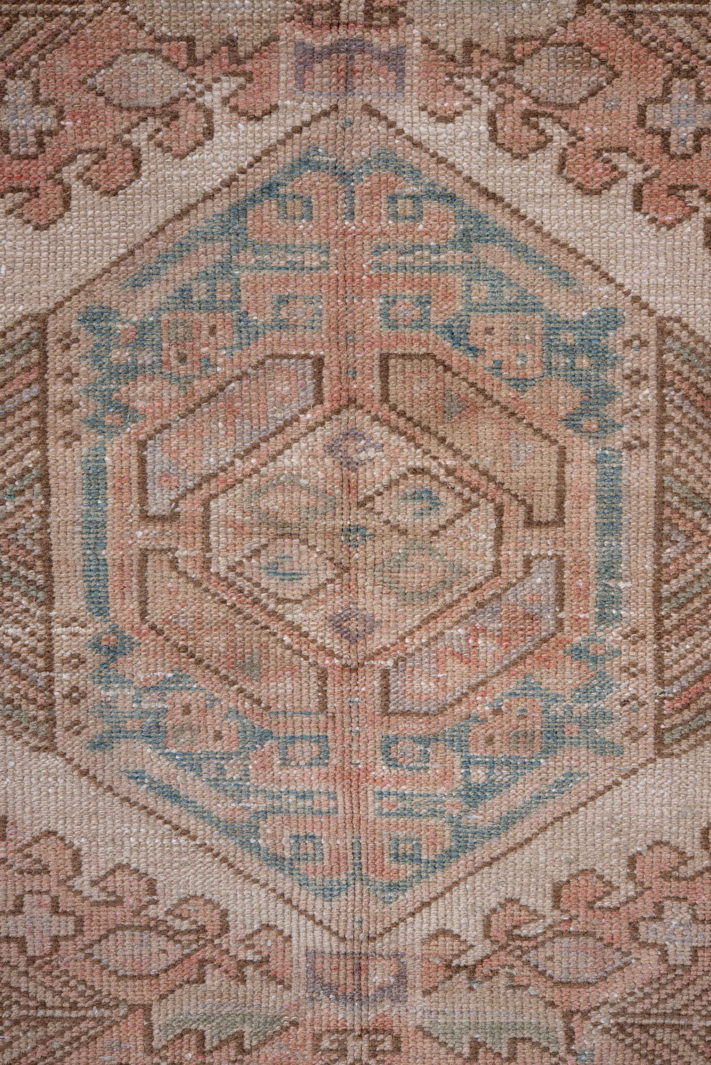 3' x 5' one-of-a-kind handmade antique Karaje small size rug. Color palette: ivory, blush, sky blue, taupe, camel, rose