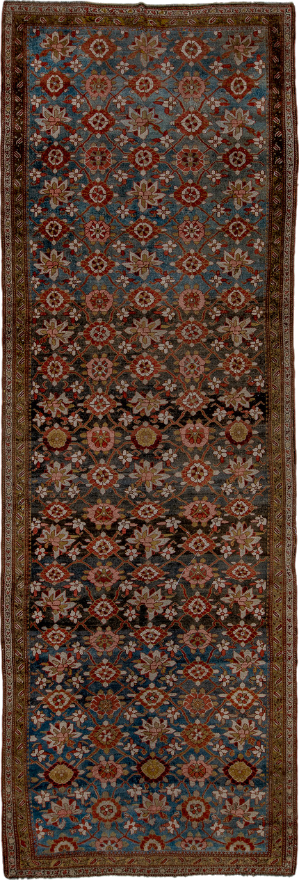 5' x 16' one-of-a-kind handmade vintage Varamin rug. Color palette: black, blue, brown, gray, light gray, pink, red