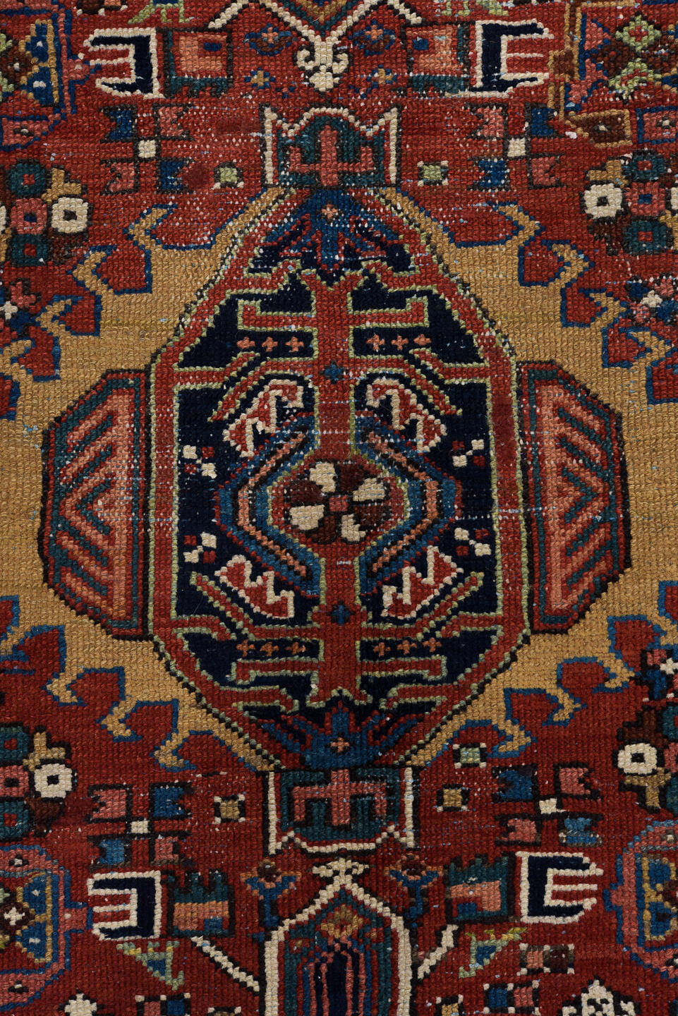 4' x 6' one-of-a-kind handmade vintage Karaje small size rug. Color palette: rust, navy, ivory, sky_blue, camel, rose