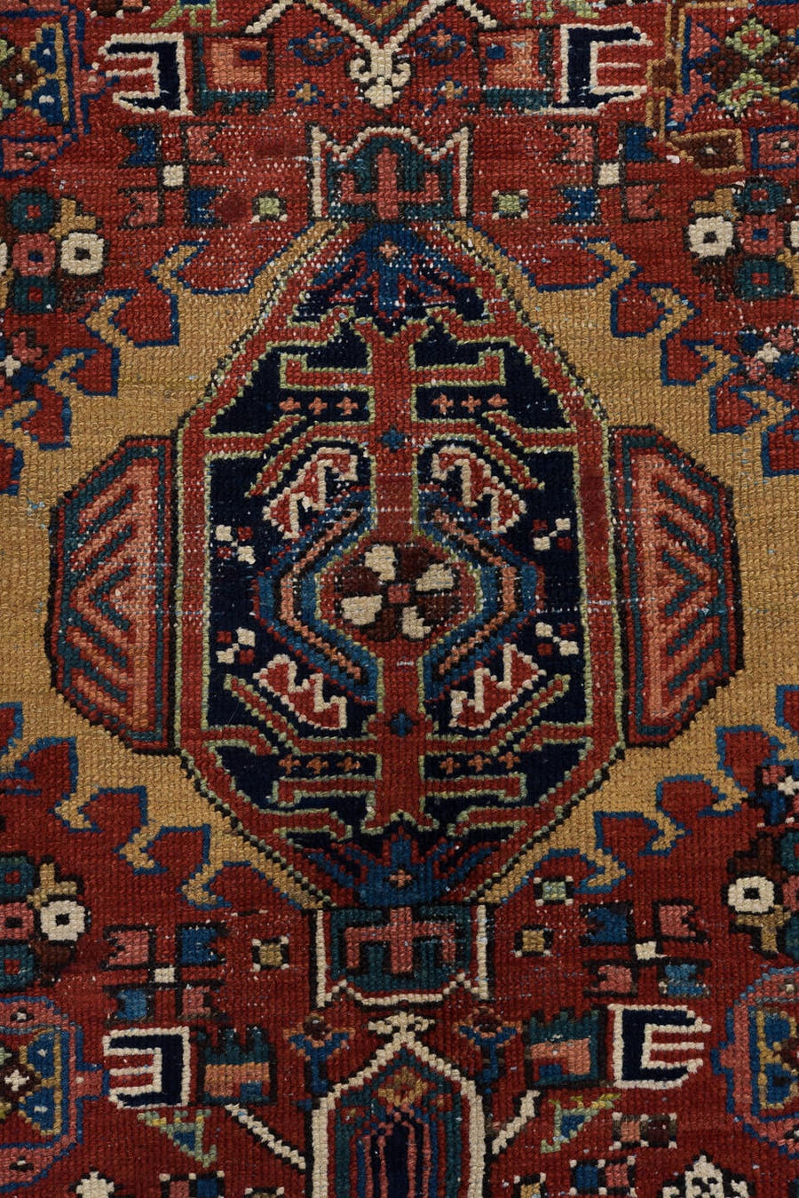 4' x 6' one-of-a-kind handmade vintage Karaje small size rug. Color palette: rust, navy, ivory, sky_blue, camel, rose
