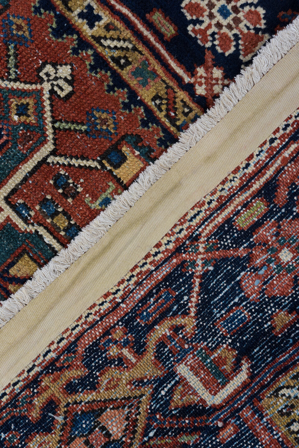 4' x 6' one-of-a-kind handmade vintage Karaje small size rug. Color palette: rust, navy, ivory, sky_blue, camel, rose