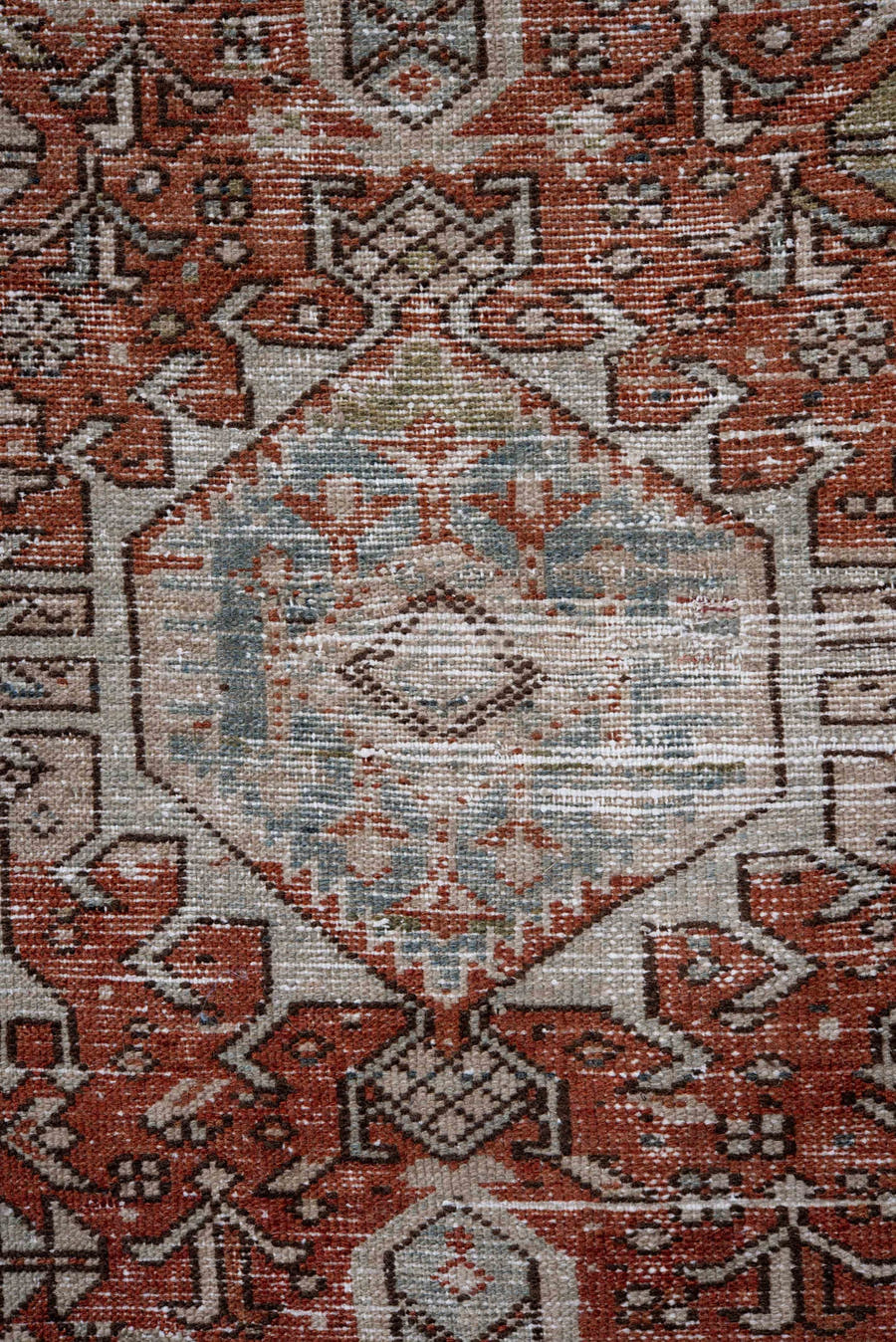 2' x 10' one-of-a-kind handmade antique Karaje runner rug. Color palette: rust, ivory, blue, brown, taupe, sage, terracotta
