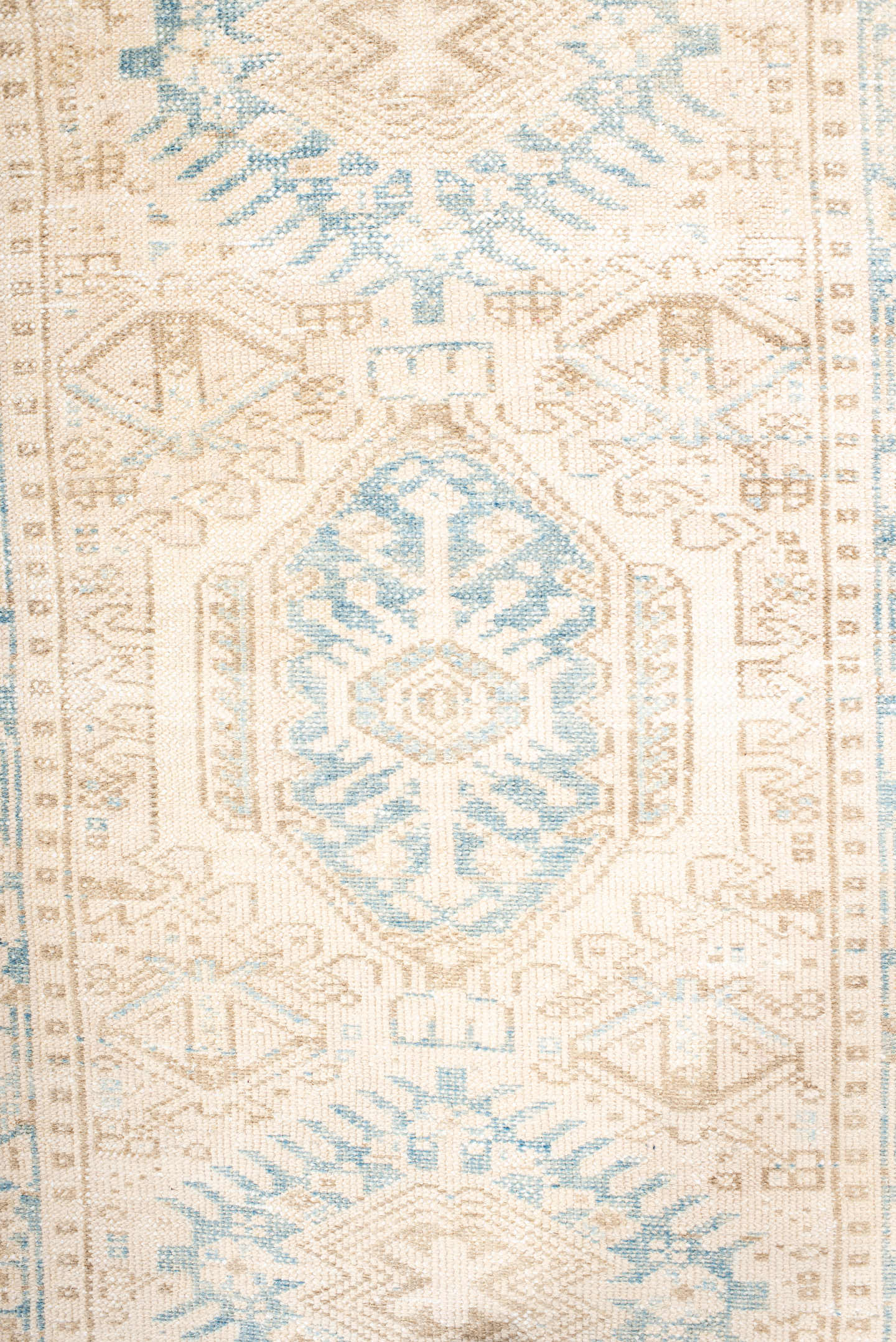 2' x 11' one-of-a-kind handmade antique Karaje runner rug. Color palette: ivory, pale blue, beige, cream, taupe, light blue