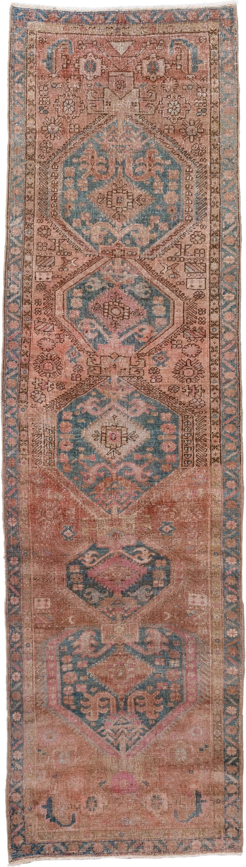 2' x 10' one-of-a-kind handmade antique Sarab runner rug. Color palette: rose, dusty blue, terracotta, ivory, taupe
