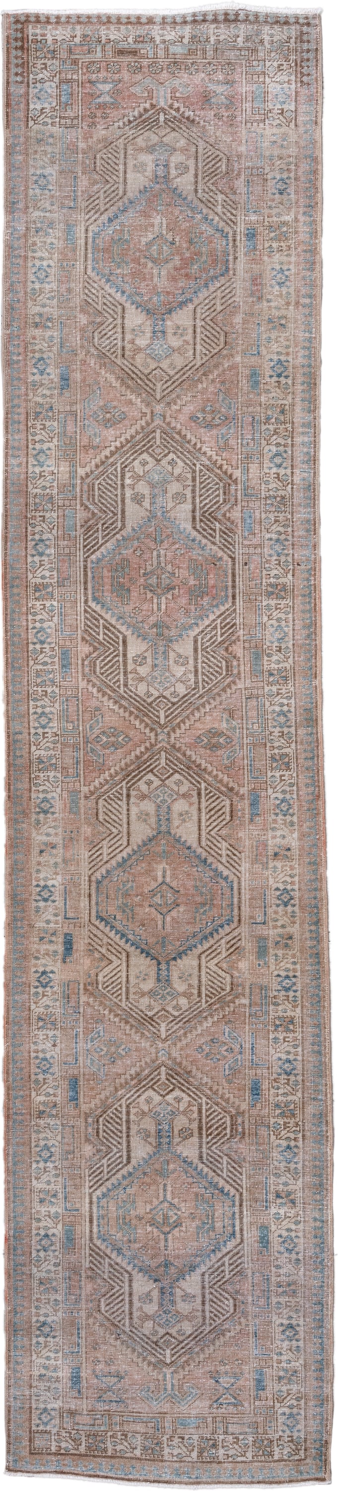 3' x 14' one-of-a-kind handmade antique Sarab runner rug. Color palette: camel, ivory, pale blue, taupe, brown, beige
