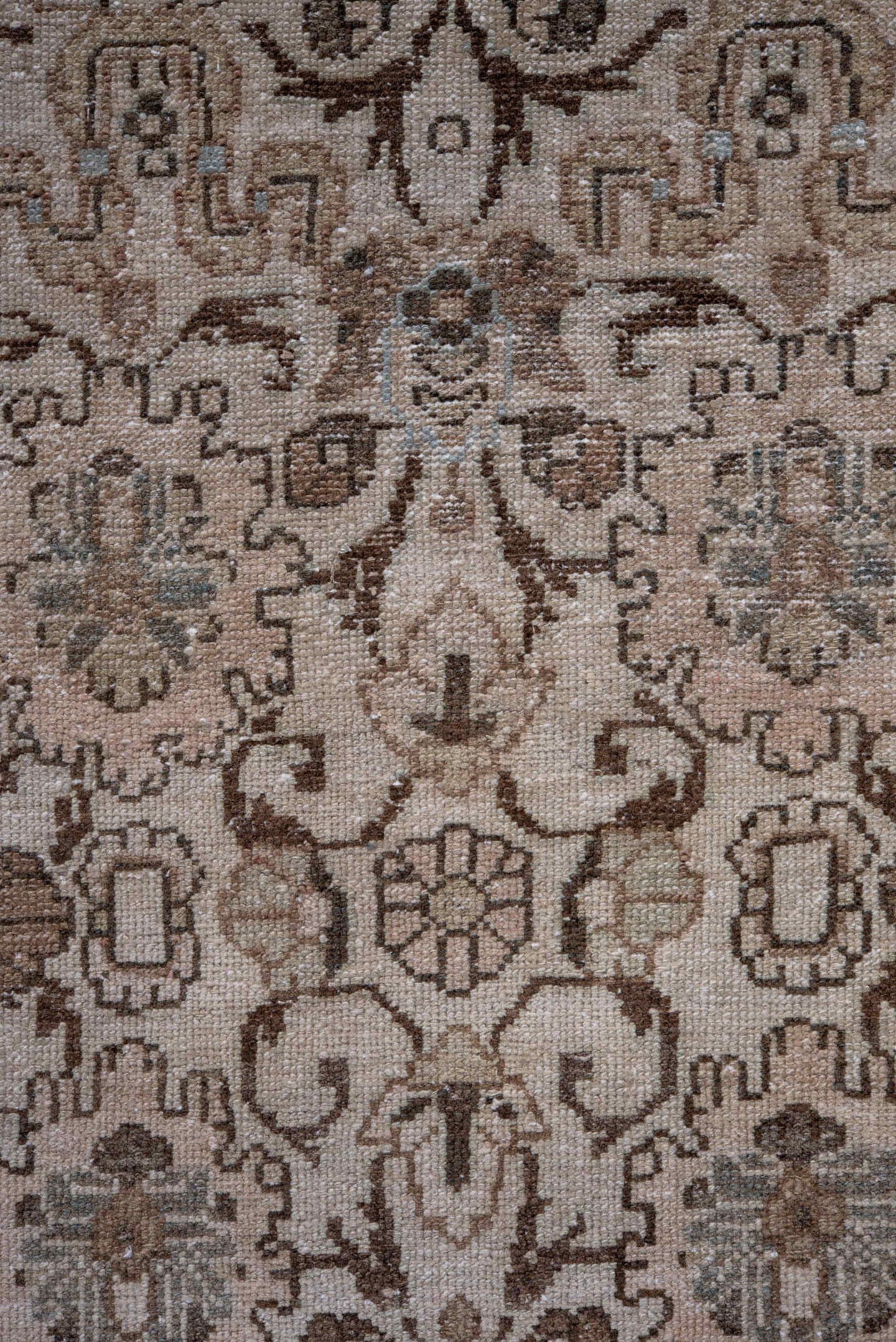 2' x 11' one-of-a-kind handmade antique Dargazin runner rug. Color palette: ivory, taupe, brown, beige, camel, greige, gray