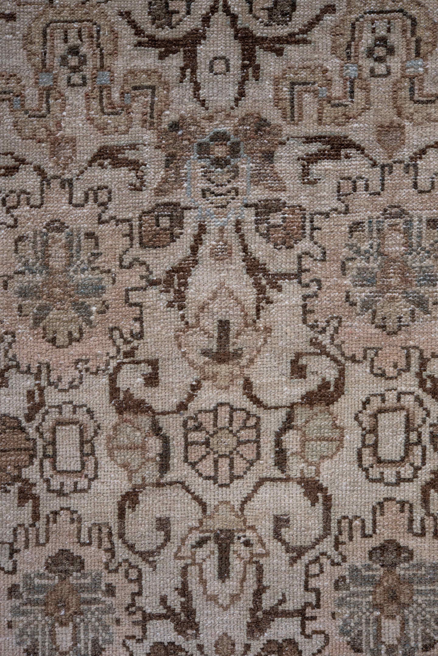 2' x 11' one-of-a-kind handmade antique Dargazin runner rug. Color palette: ivory, taupe, brown, beige, camel, greige, gray