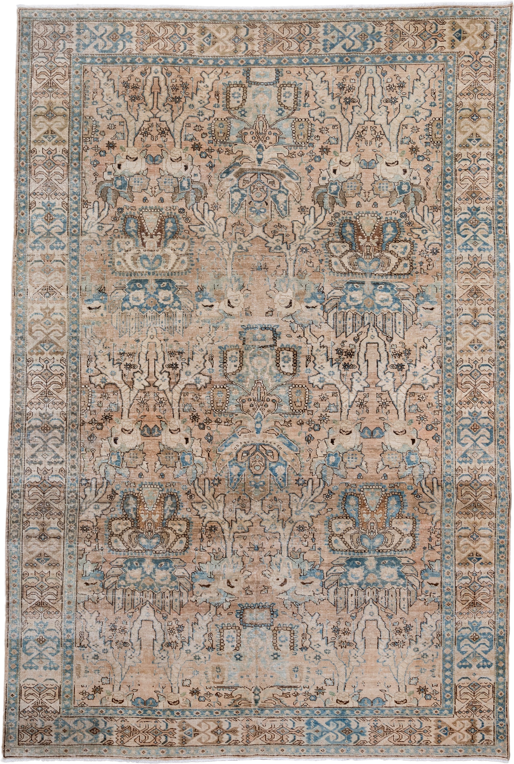 7' x 10' one-of-a-kind handmade antique Ardebil large size rug. Color palette: ivory, beige, sky blue, taupe, brown, camel