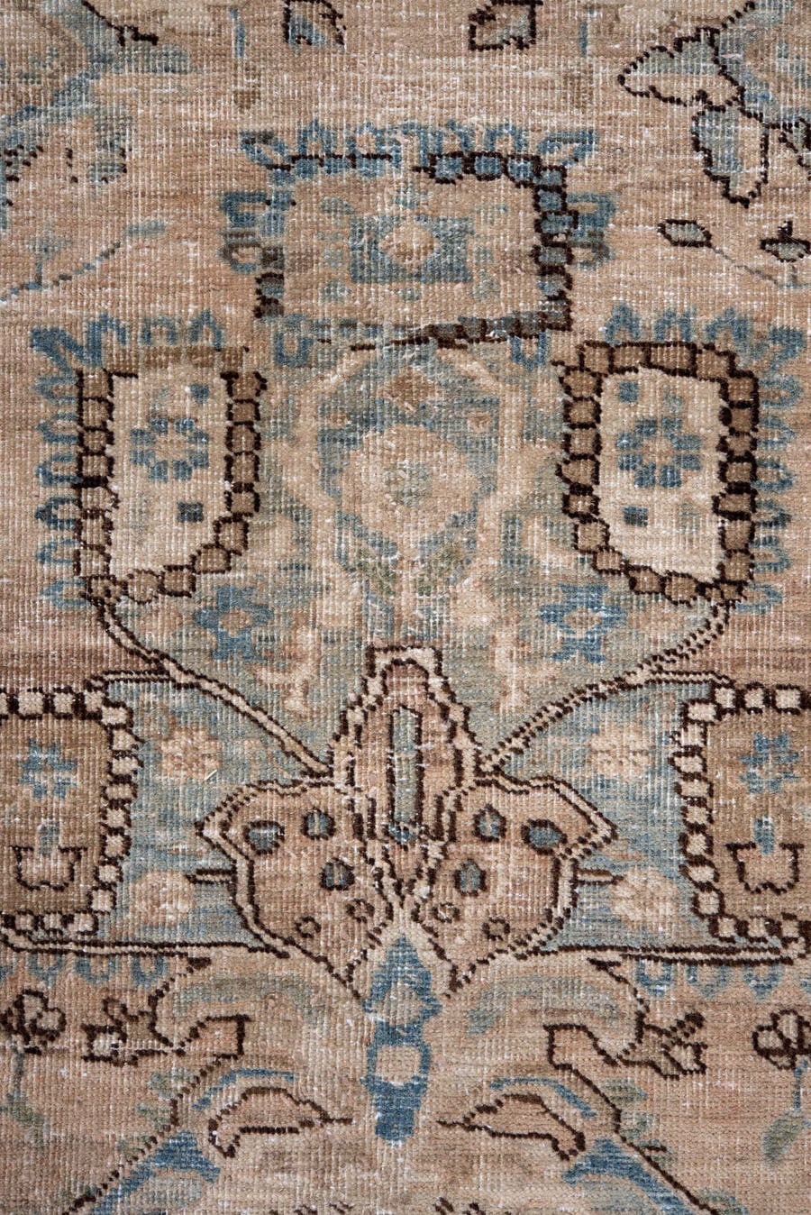 7' x 10' one-of-a-kind handmade antique Ardebil large size rug. Color palette: ivory, beige, sky blue, taupe, brown, camel
