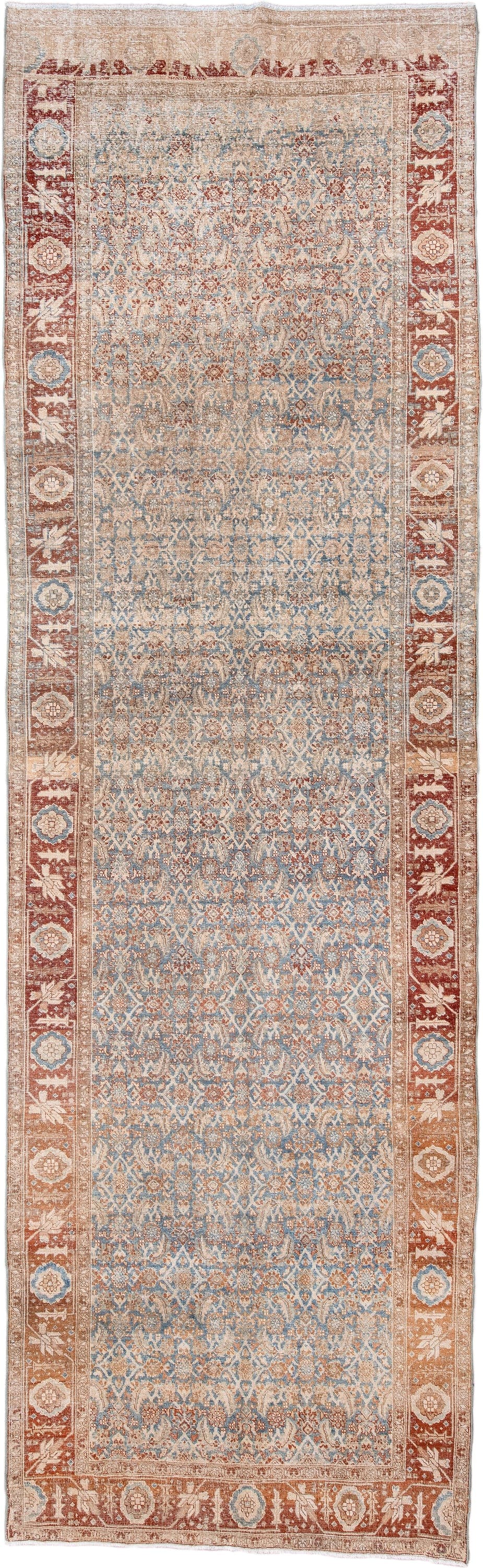 4' x 15' one-of-a-kind handmade antique Bidjar runner rug. Color palette: ivory, pale blue, rust, beige, tan, camel