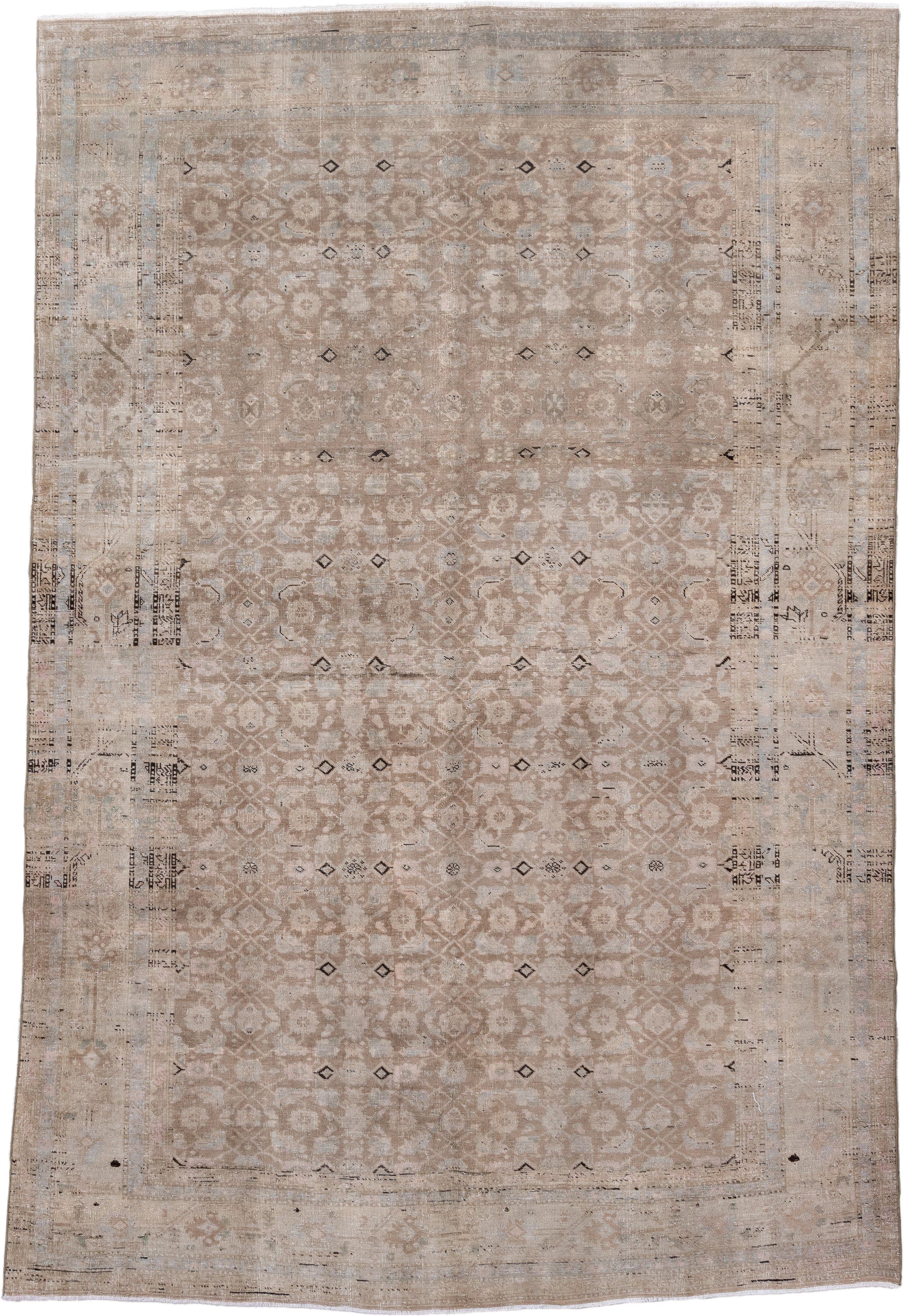 6' x 10' one-of-a-kind handmade antique Tabriz large size rug. Color palette: taupe, ivory, beige, camel, charcoal