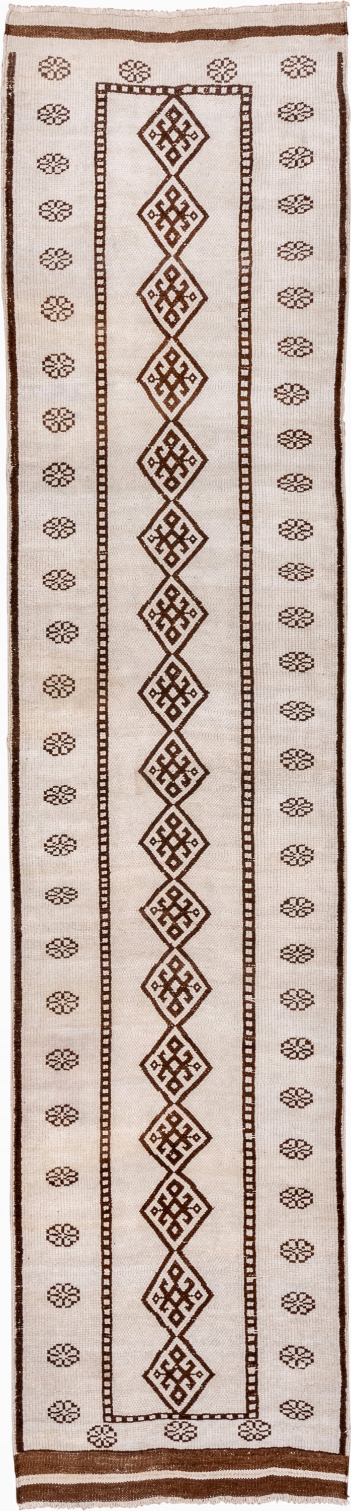 3' x 13' one-of-a-kind handmade antique Kars runner rug. Color palette: ivory, brown, taupe, beige, gray