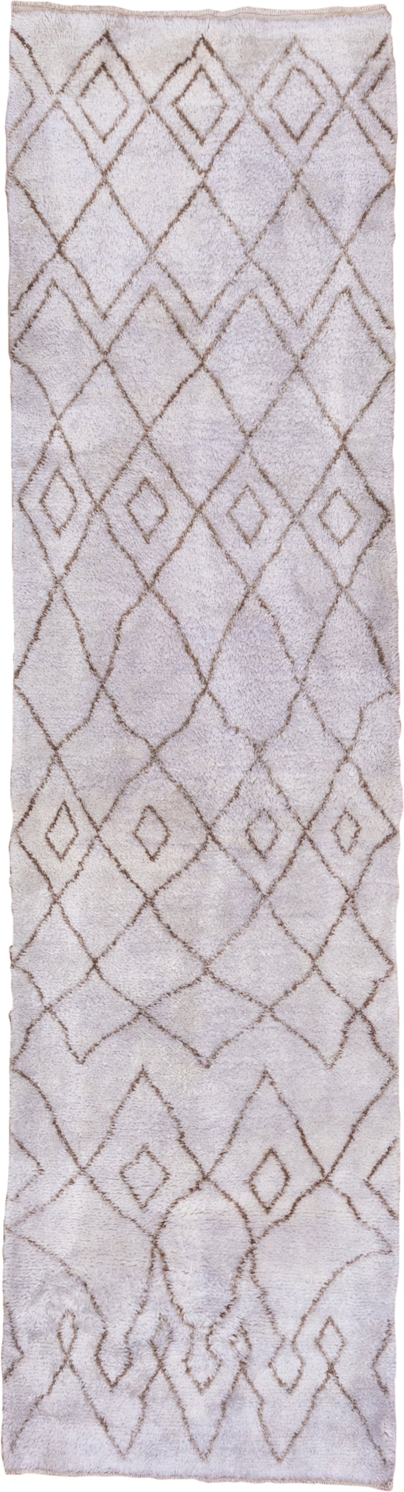 3' x 11' one-of-a-kind handmade vintage Moroccan runner rug. Color palette: ivory, taupe, cream, beige, gray
